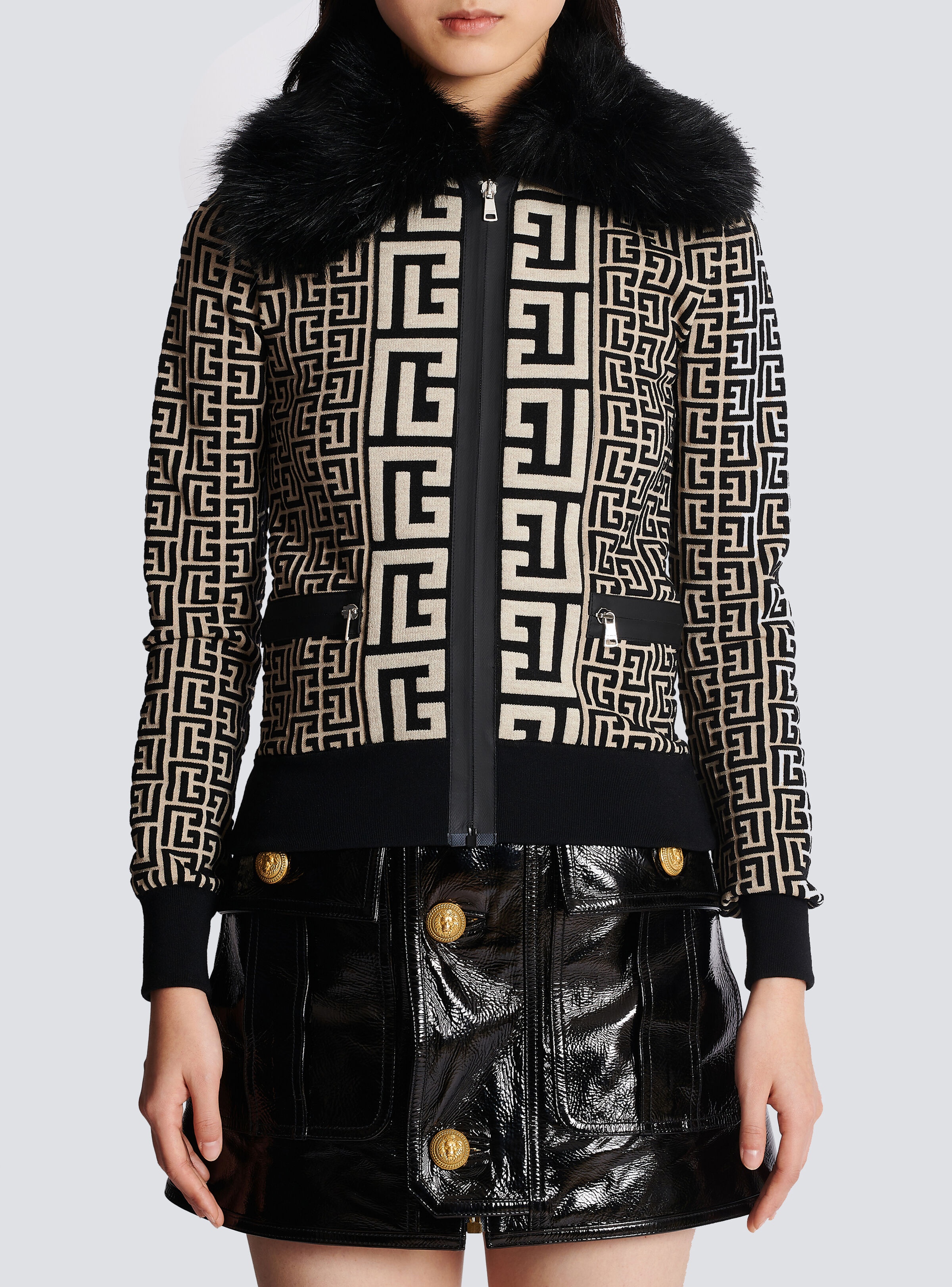 Monogrammed knit jacket with faux fur - 5