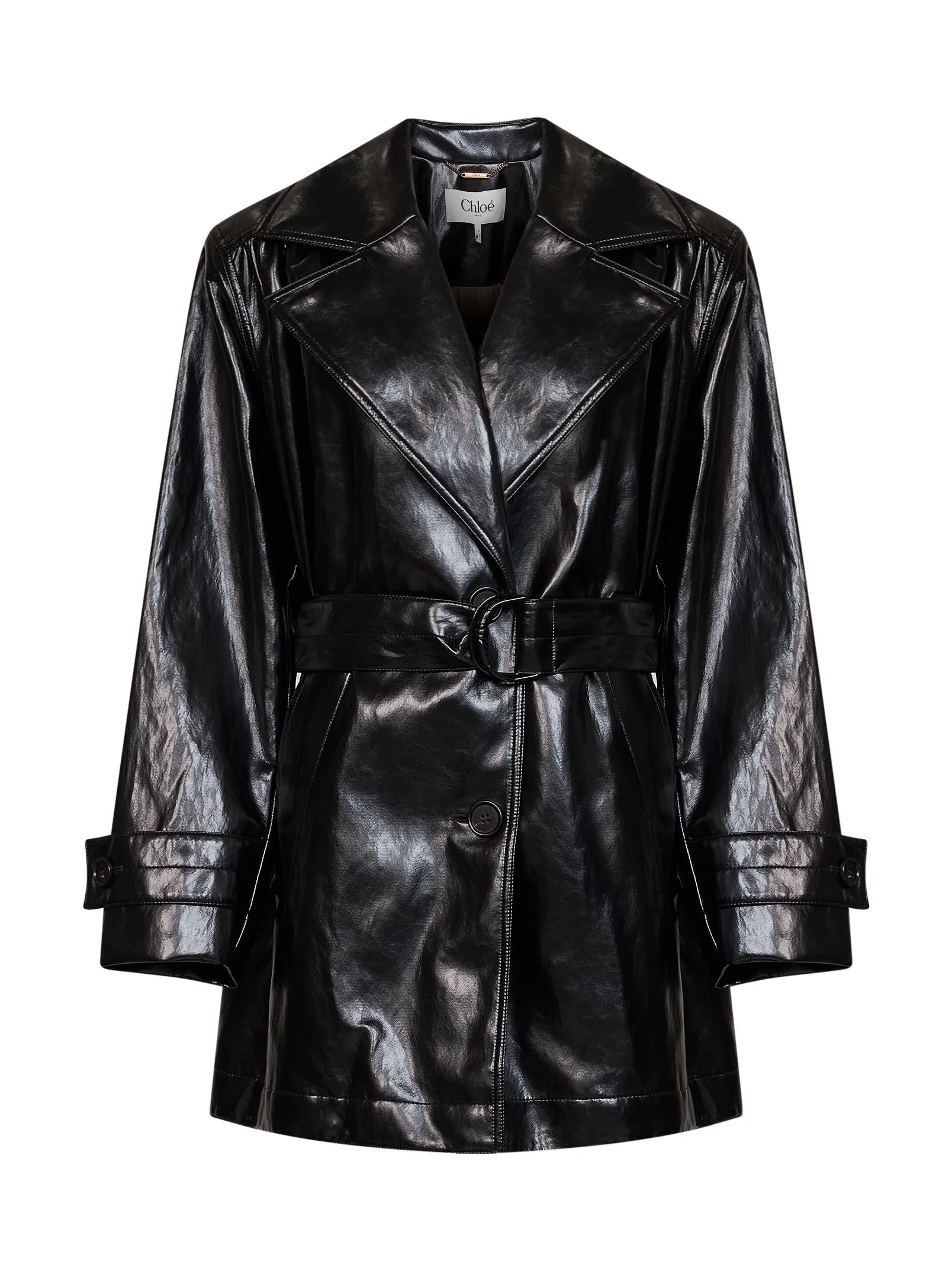 Black shiny coated viscose belted trench coat - 1