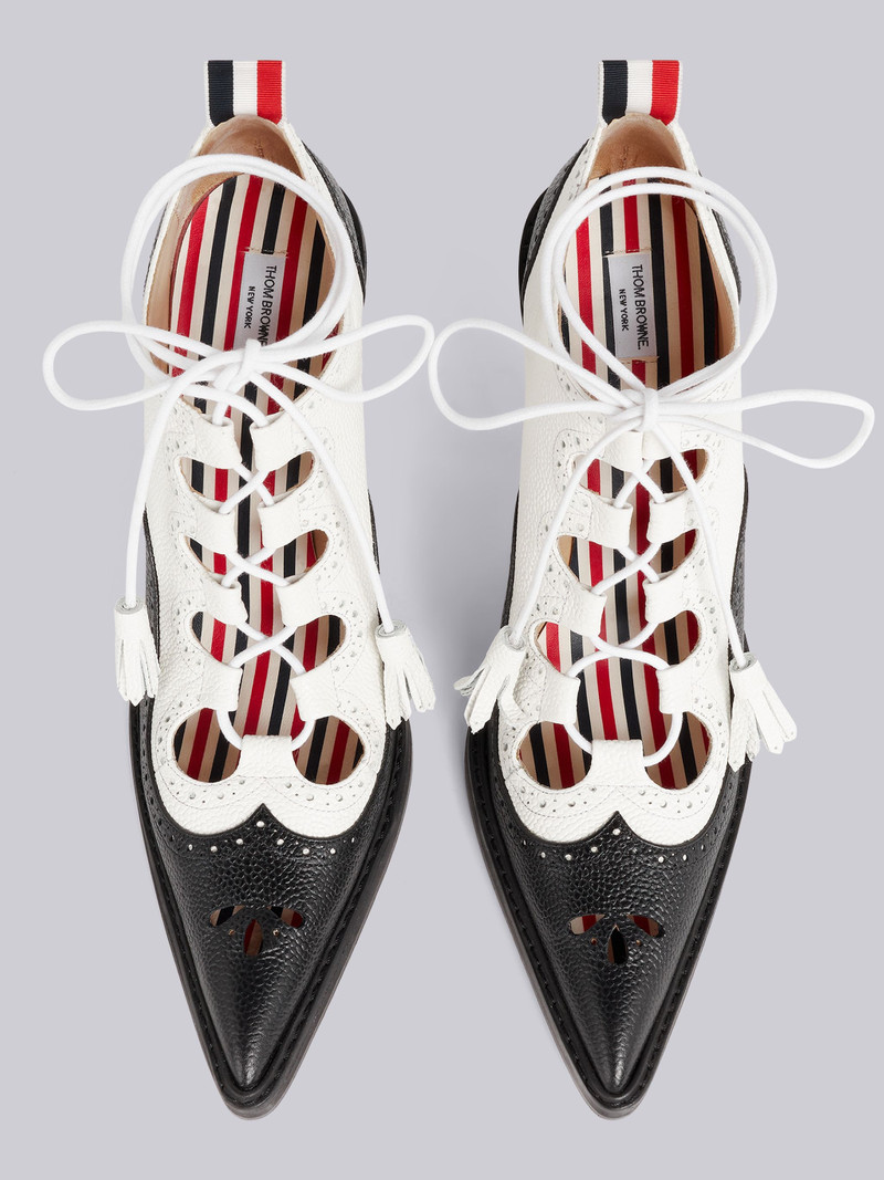 Black and White Pebbled Calfskin Ghillie Brogue Curved High Heel 4