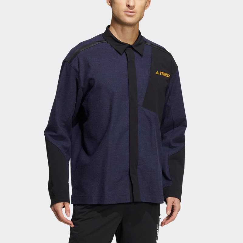 adidas Men's adidas Terrex Voyg Ls s Solid Color Chest Zipper Pocket Detail Long Sleeves Navy Blue Shirt HN outlook