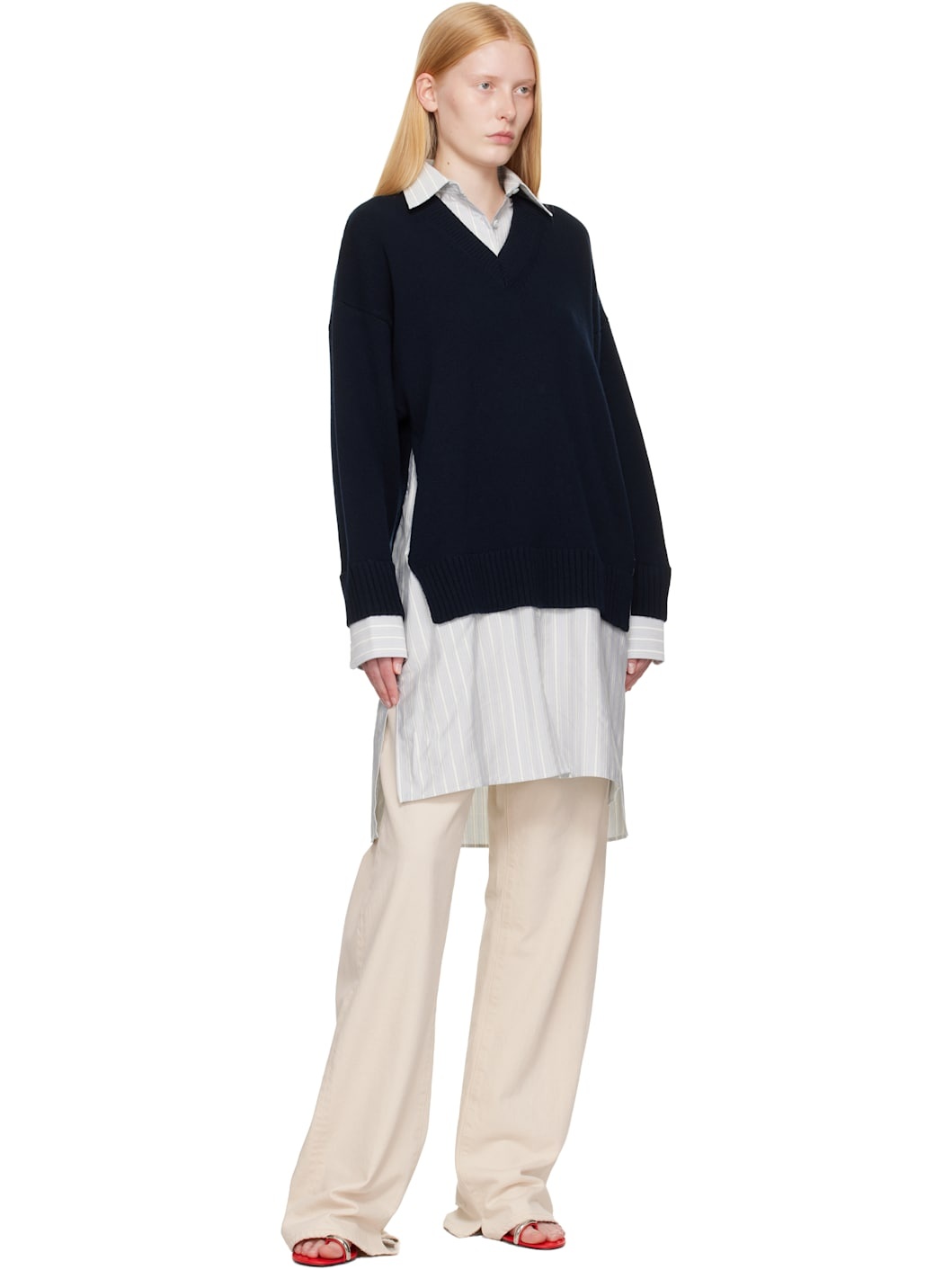 Navy Crewneck Jumper Shirt Midi Dress - 5
