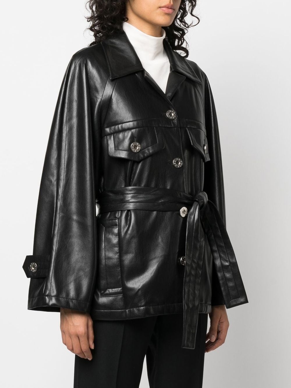 belted faux-leather coat - 3