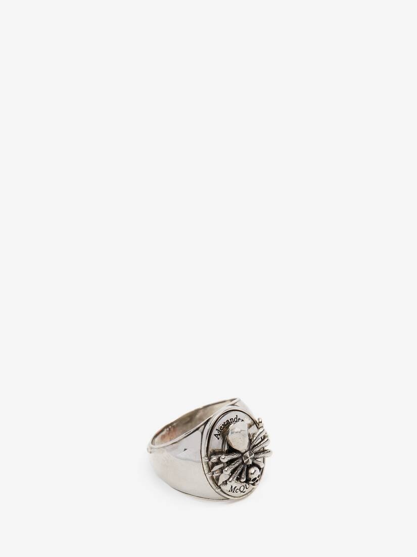 Men's Spider Skull Signet Ring in Antique Silver - 2