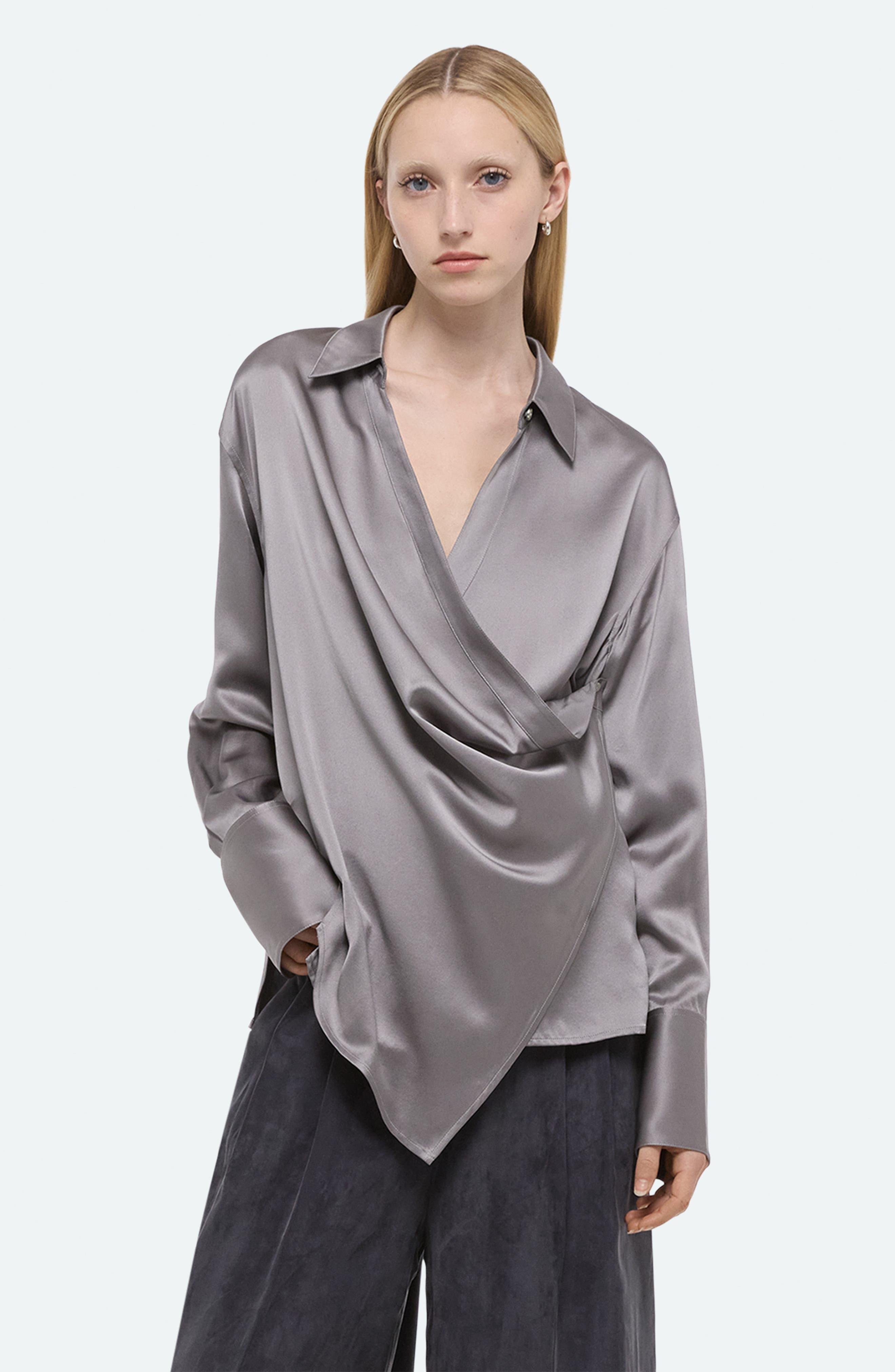 Helmut Lang Wrap Front Silk Shirt in Steel at Nordstrom - 5