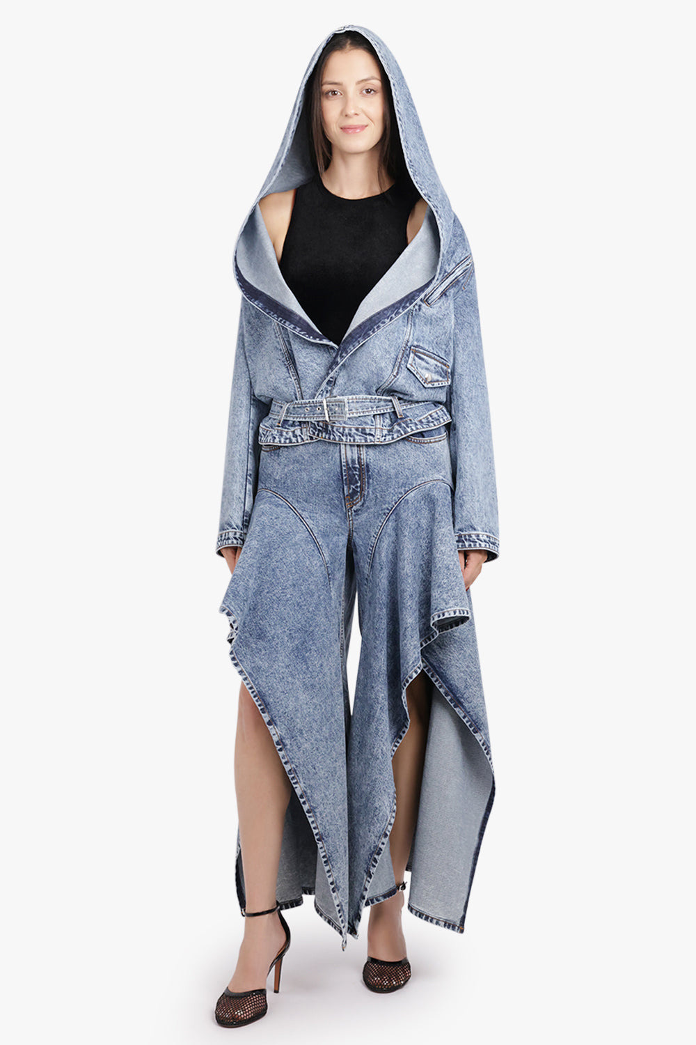 HOODED L/S DENIM BIKER JACKET | SNOW BLUE - 2