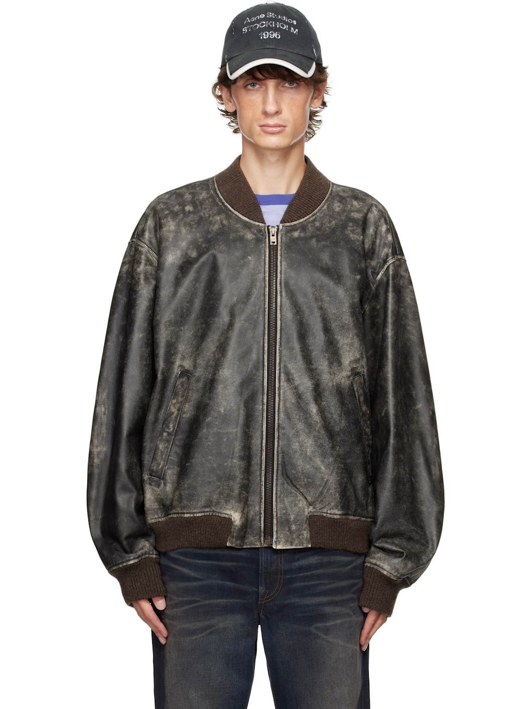 Black Distressed Leather Bomber Jacket - 1