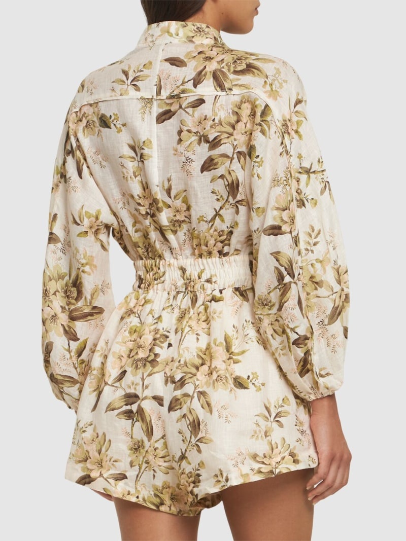 Golden printed linen belted playsuit - 3