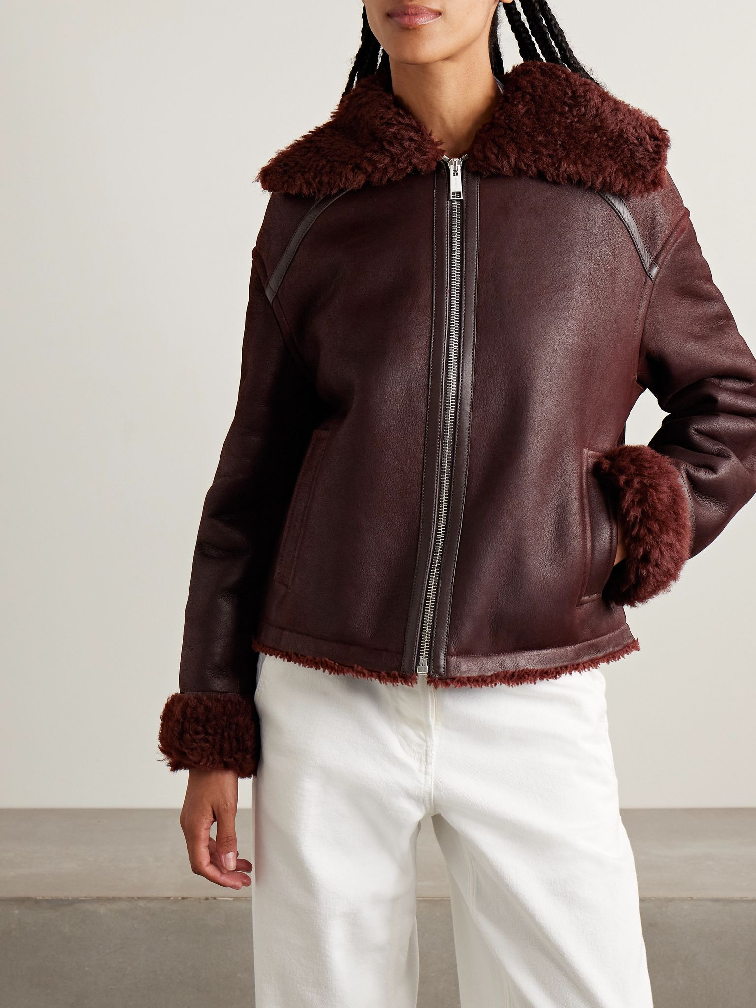 Shearling-trimmed leather jacket Burgundy - 3