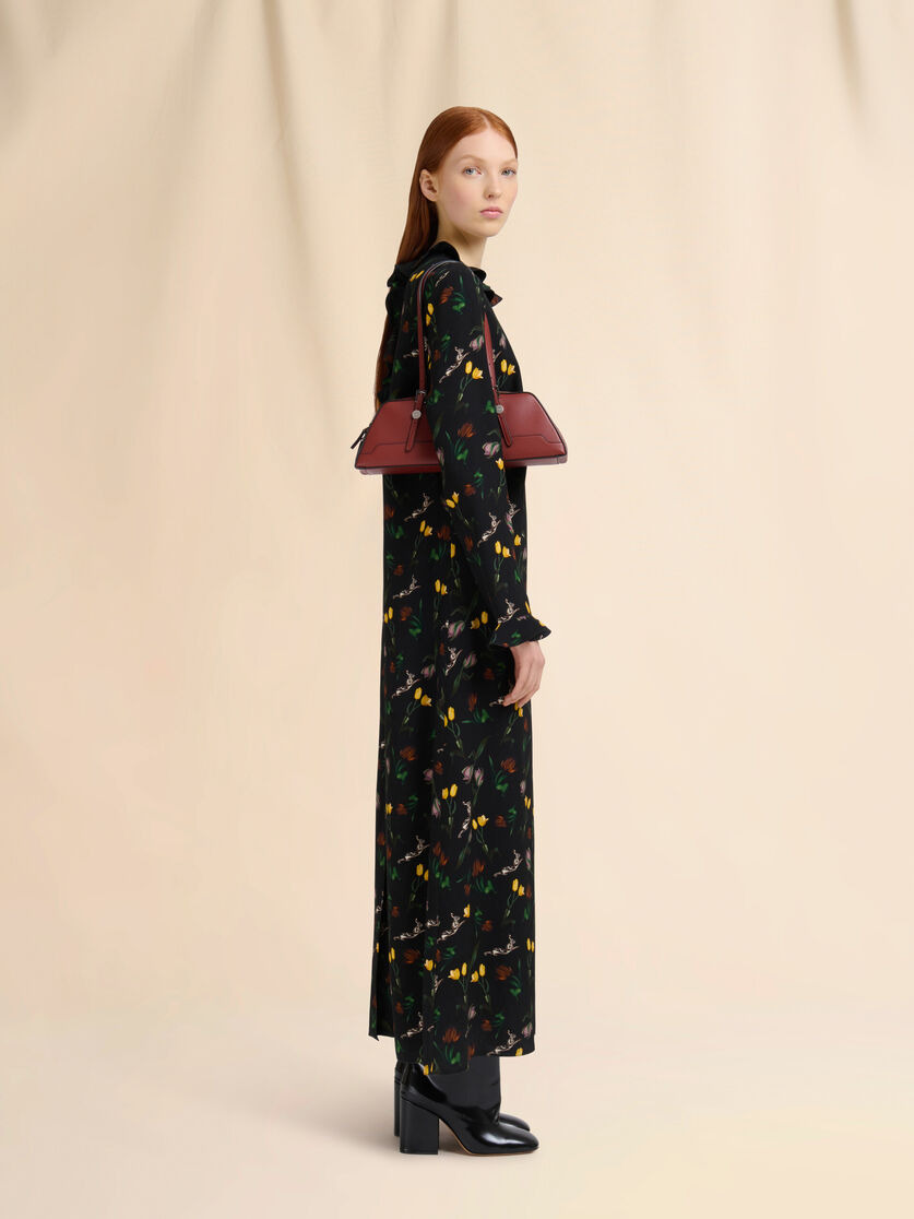 BLACK ENVERS SATIN MAXI DRESS WITH TULIPS AND HARES PRINT - 6