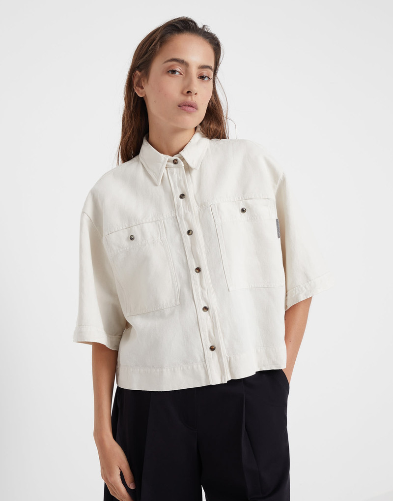 Garment-dyed shirt in cotton and linen cover with shiny tab 1