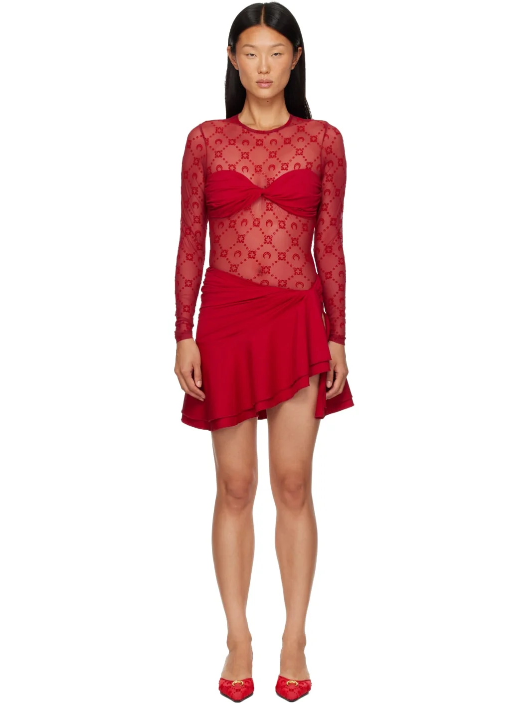 Red Monogram Mesh Flock Ruffles Minidres - 1