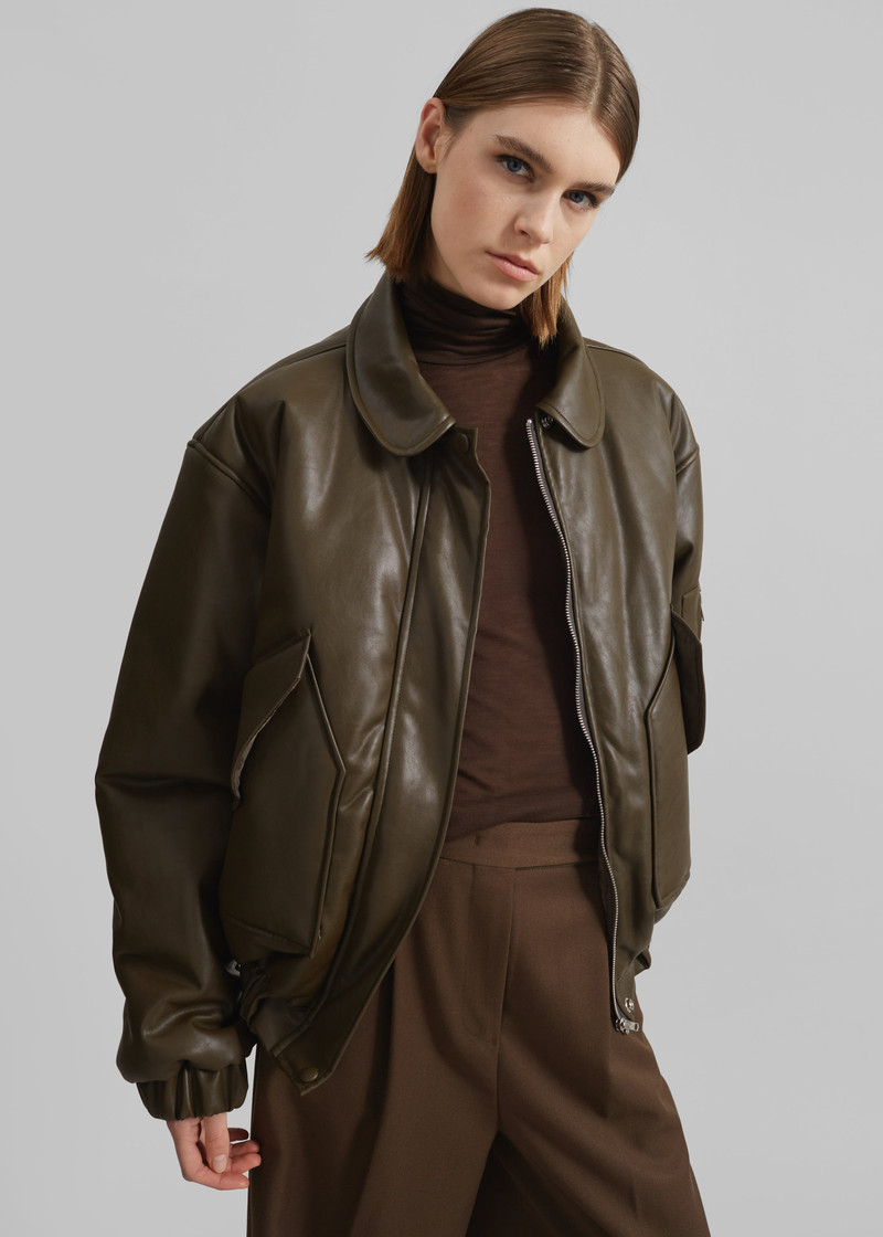 Blane Faux Leather Padded Bomber Jacket - Khaki Brown 5