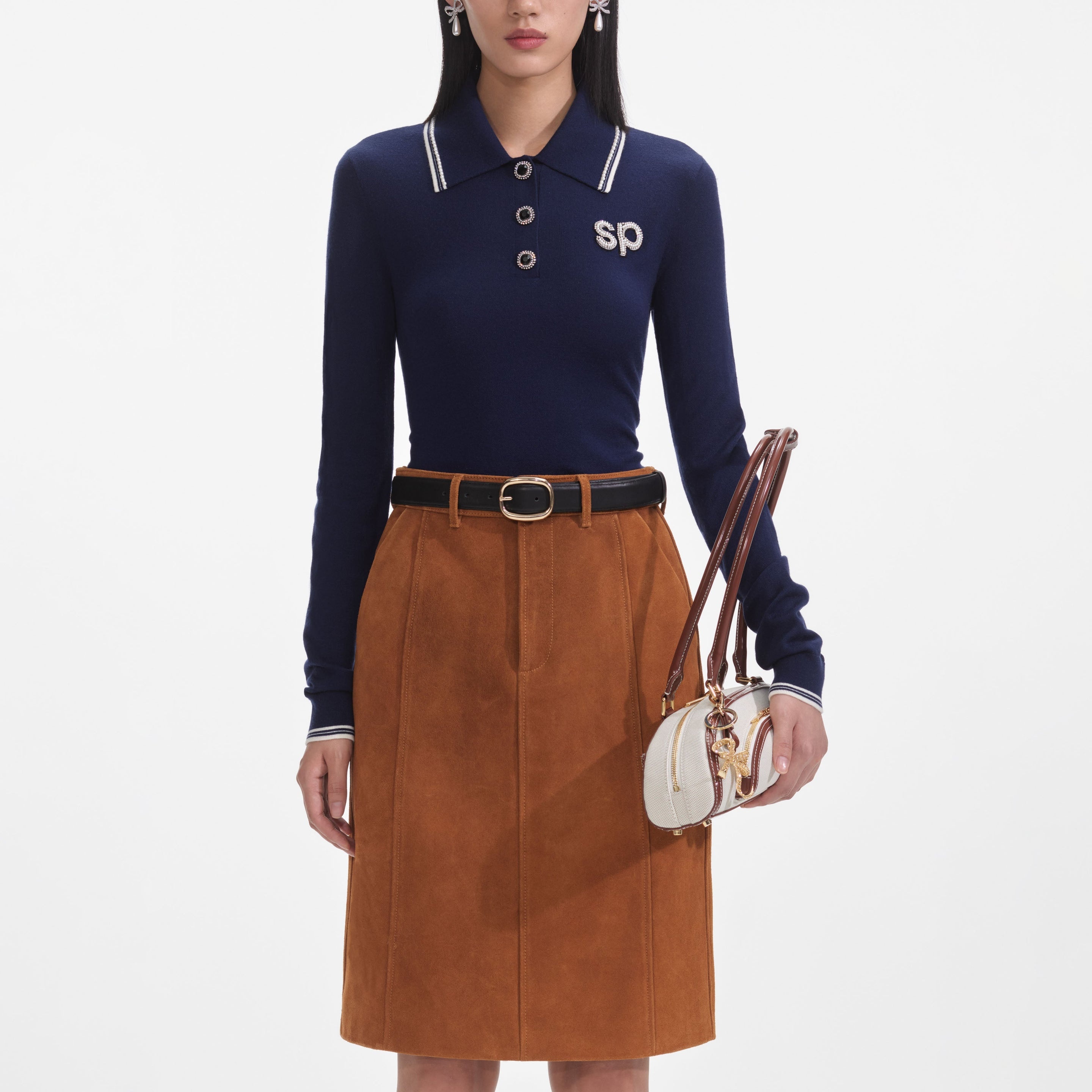 SELF PORTRAIT ニットロンクスリフホロトッフ SS25123TN0 NAVY self-portrait Navy Knit Long Sleeve SP Polo Top | REVERSIBLE