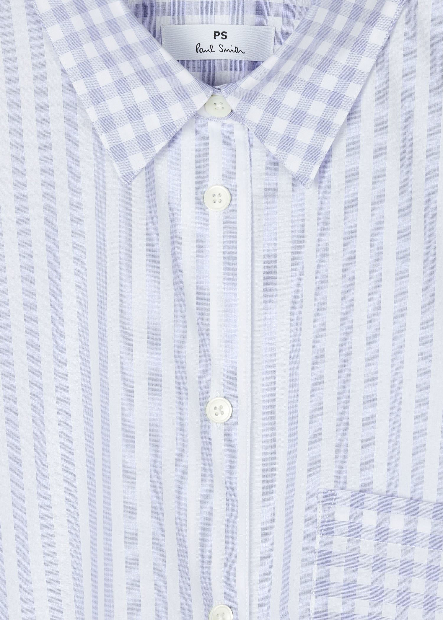 Women's White And Blue Stripe Shirt With Check Trims - 2