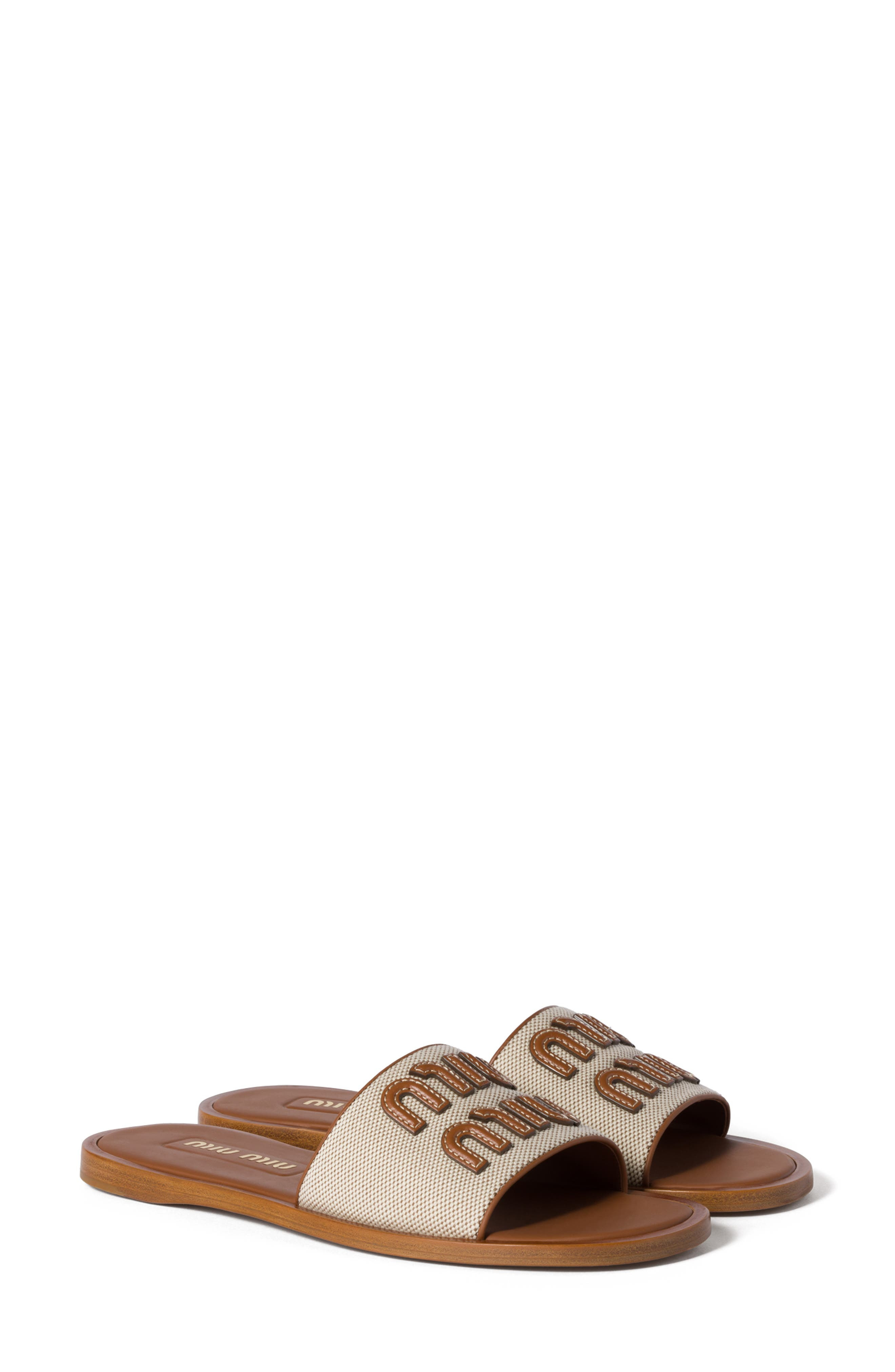 Miu Miu Logo Canvas Slide Sandal in Naturale/Brandy at Nordstrom - 1