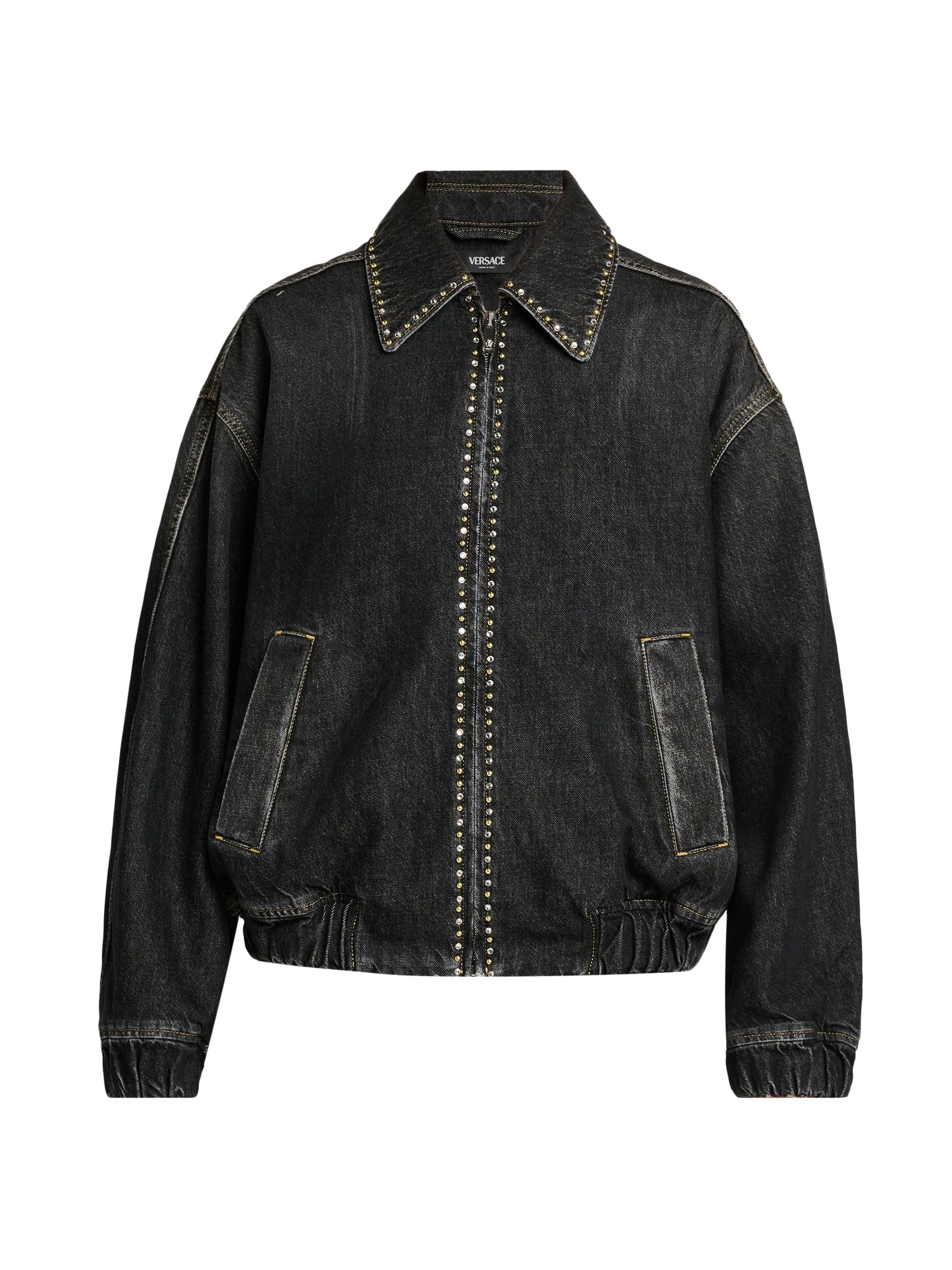 Women's Studded Stone-Washed Denim Jacket - Black - 1
