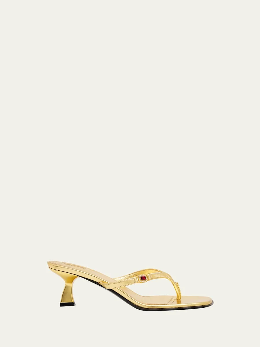 Metallic Leather Kitten-Heel Thong Sandals - 1
