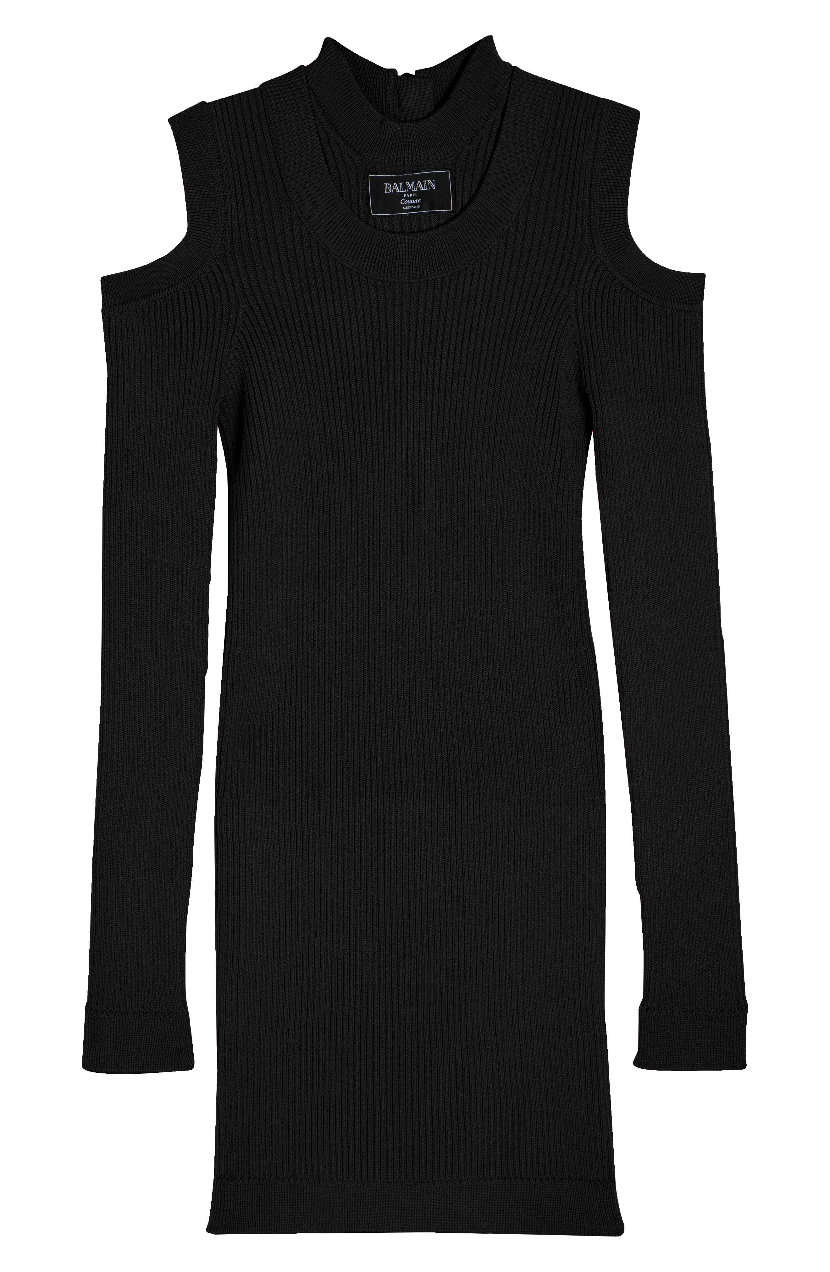 Balmain Shoulder Cutout Long Sleeve Rib Sweater Minidress in 0Pa Black at Nordstrom - 5