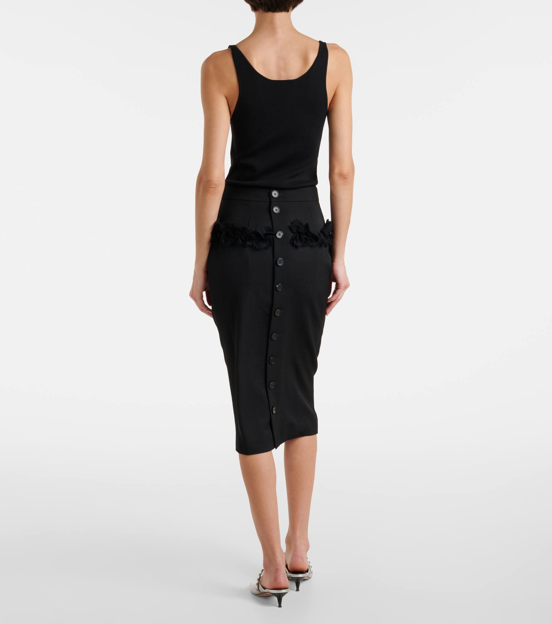 Buttoned lace-trimmed wool pencil skirt - 3