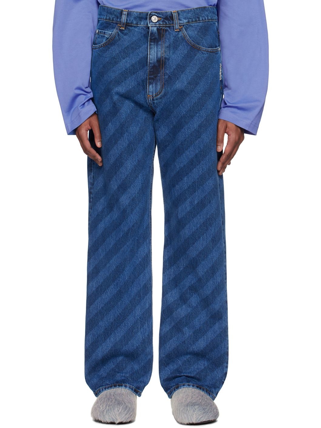 Blue Wide Leg Diagonal Stripe Jeans - 1