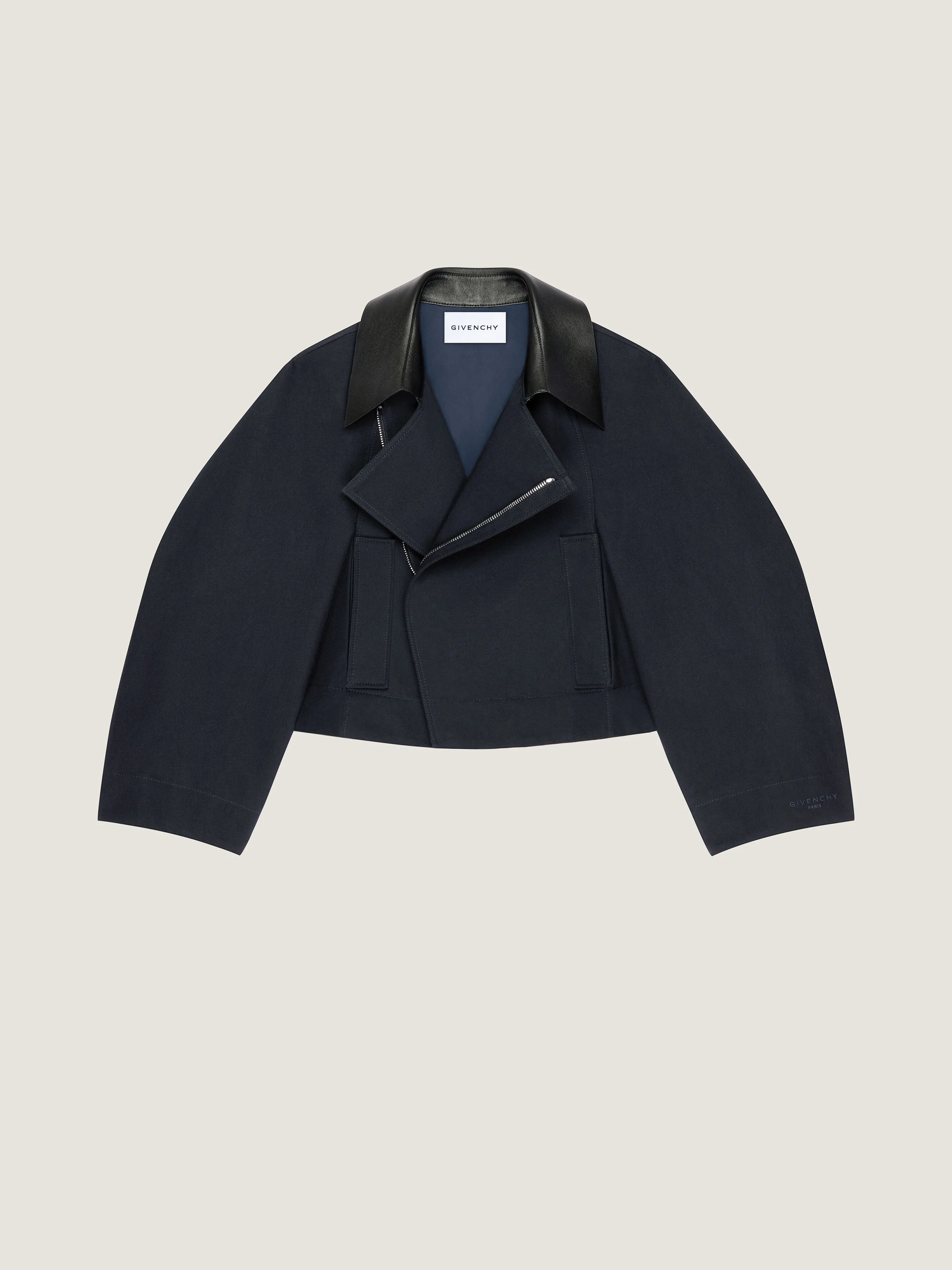 CROPPED PEACOAT WITH LEATHER COLLAR IN COTTON AND WOOL - 1