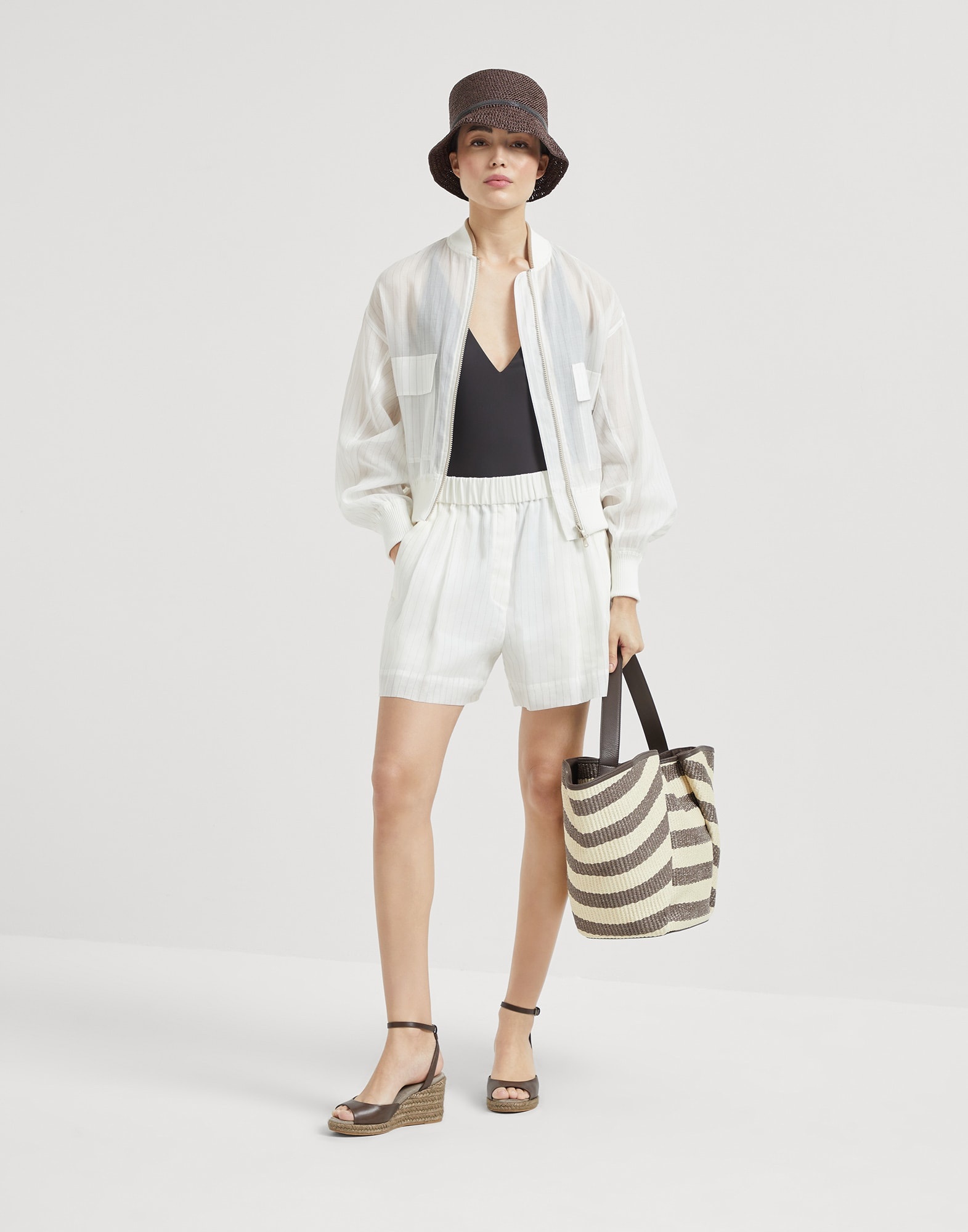 Cotton pinstripe organza bomber jacket with monili - 5