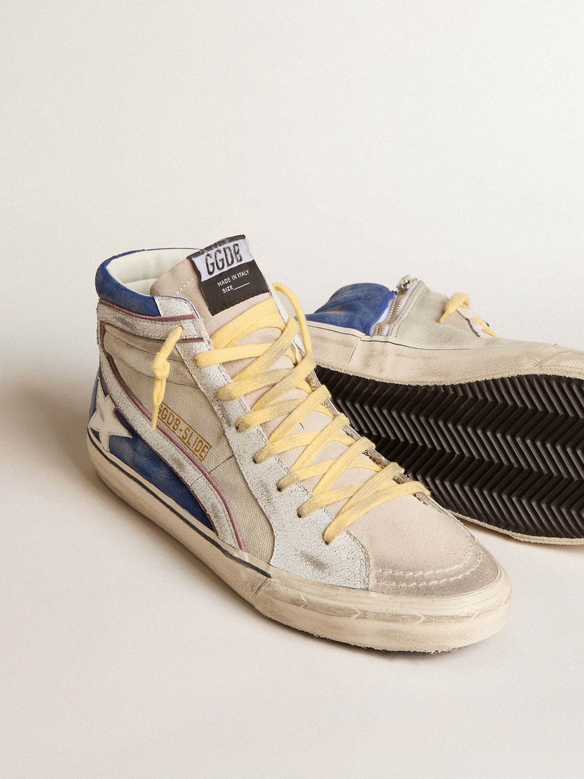 Slide in pearl canvas and blue suede with white leather star and flash - 3