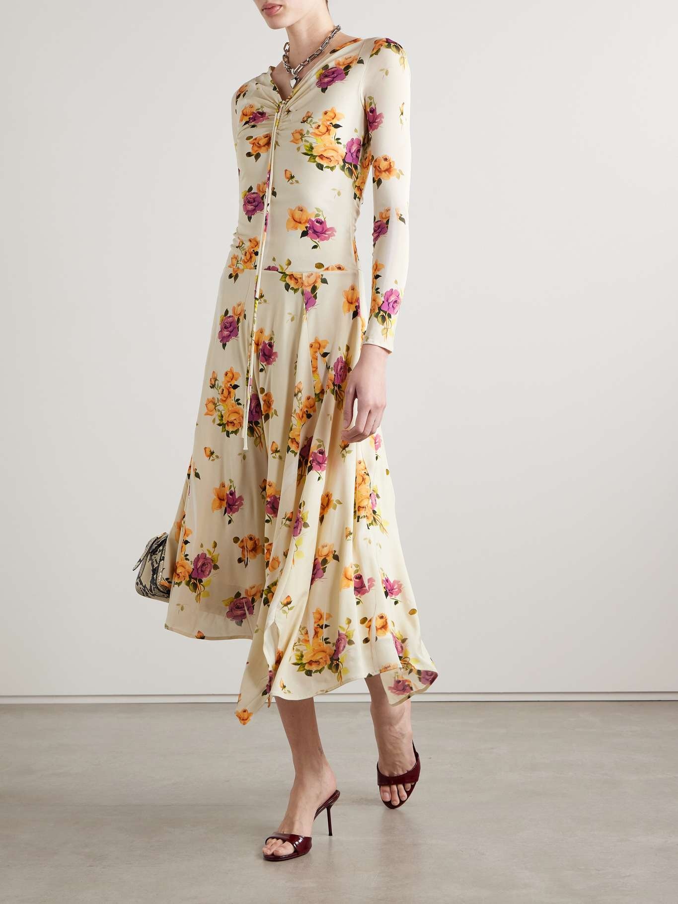 Asymmetric floral-print crepe dress Cream - 2