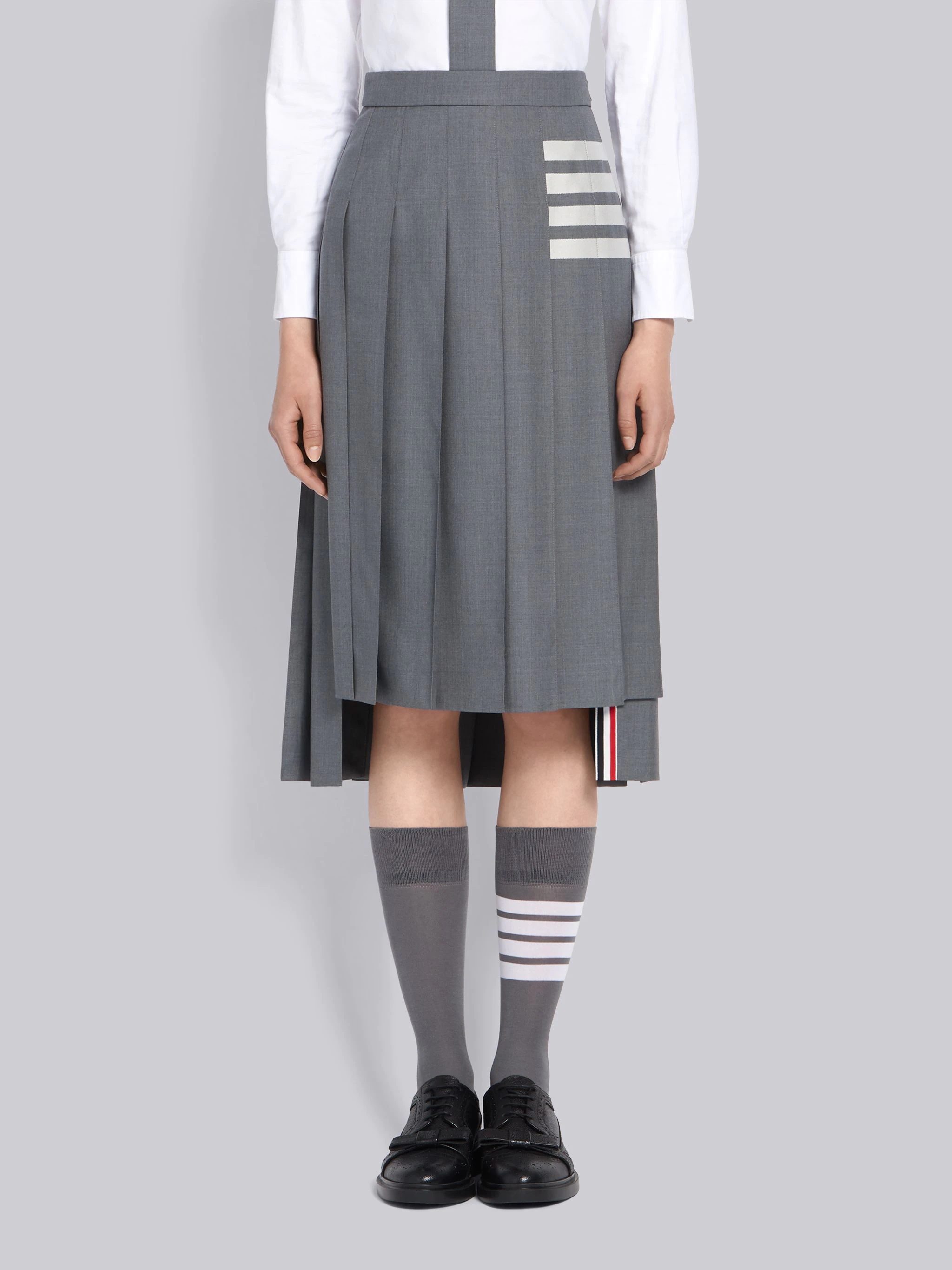 Medium Grey Wool Plain Weave Pleated 4-Bar Skirt - 1