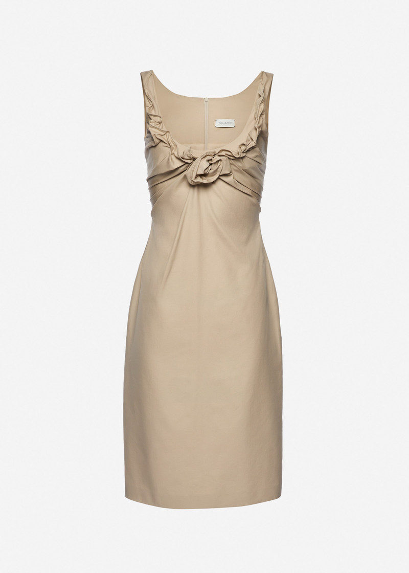 Sleeveless dress with draped neckline in beige 1