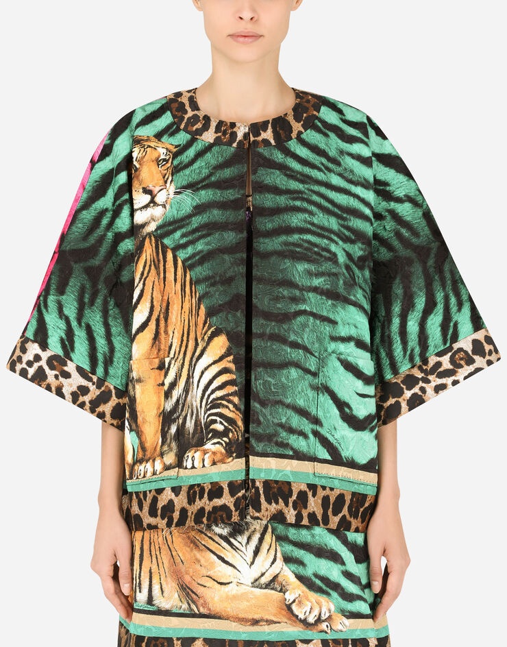 Tiger-print brocade jacket with short sleeves - 1