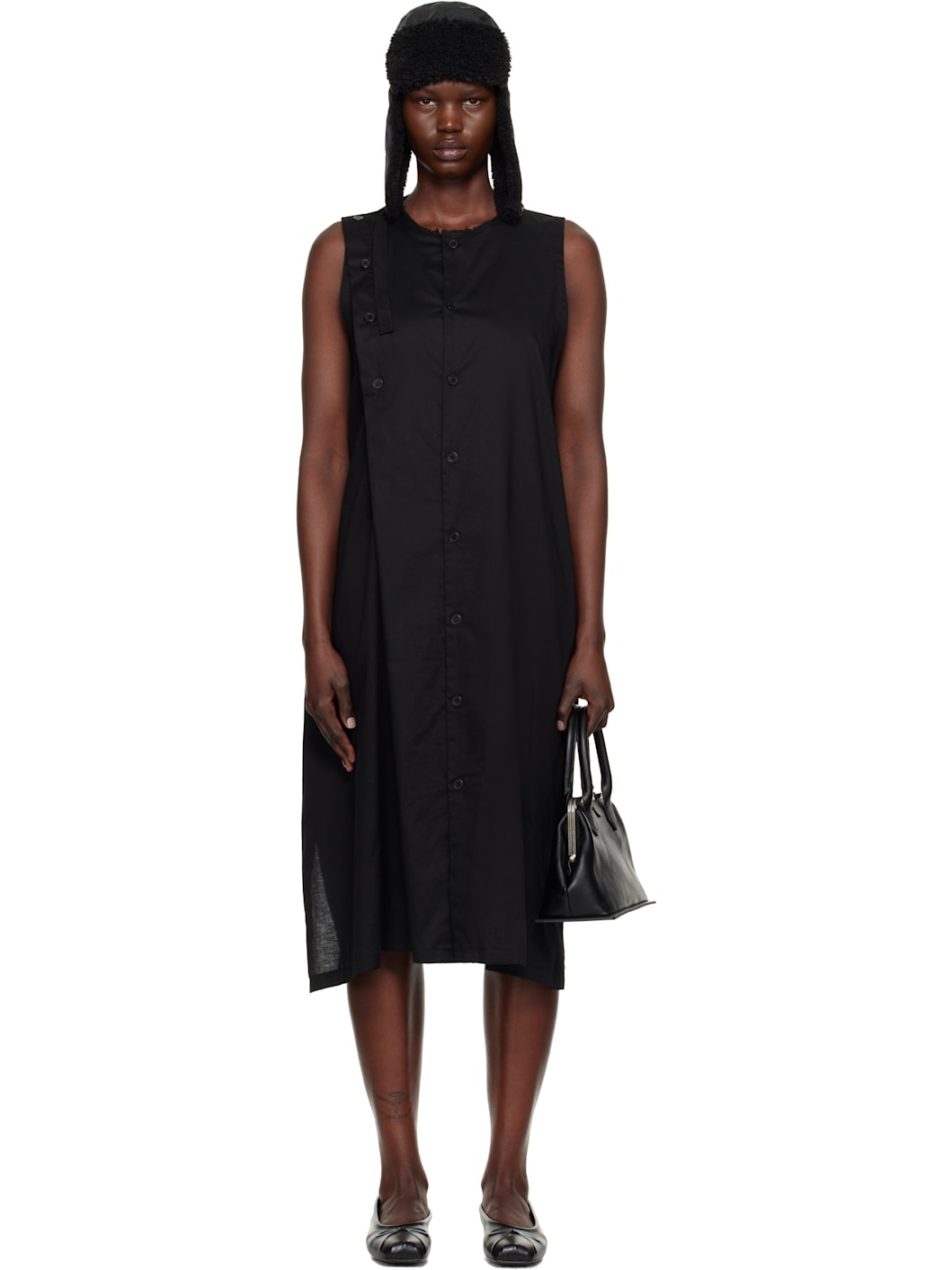 Black S-Asymmetric Button Midi Dress - 1