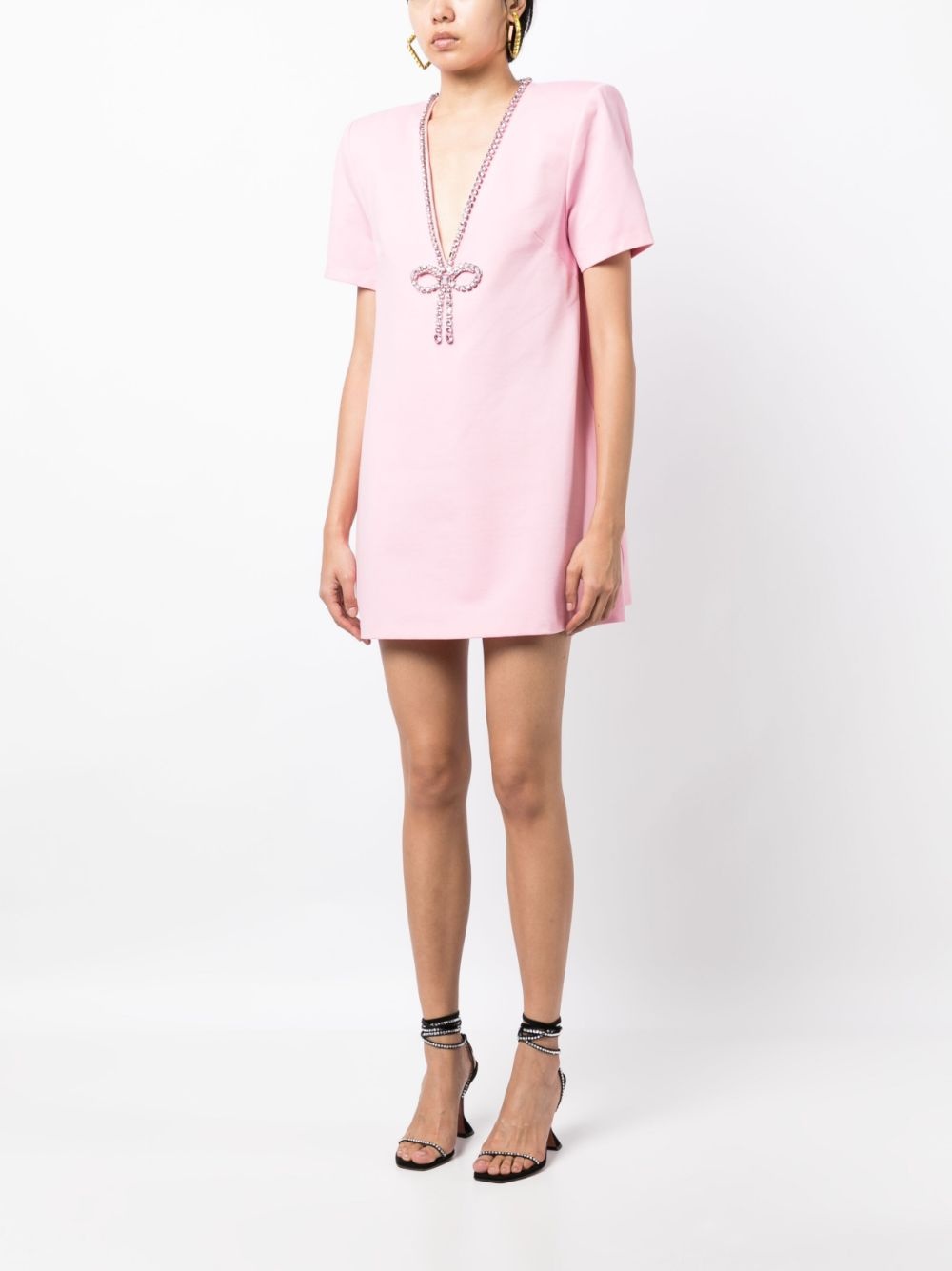 crystal bow V-neck minidress - 3
