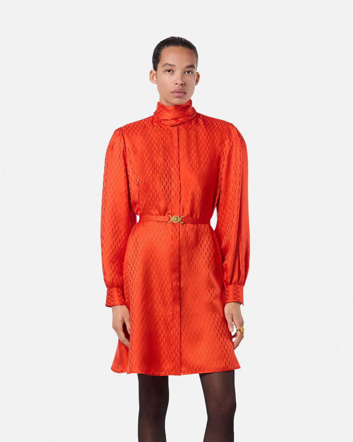 V Allover Jacquard Silk Lavallière Mini Dress - 4
