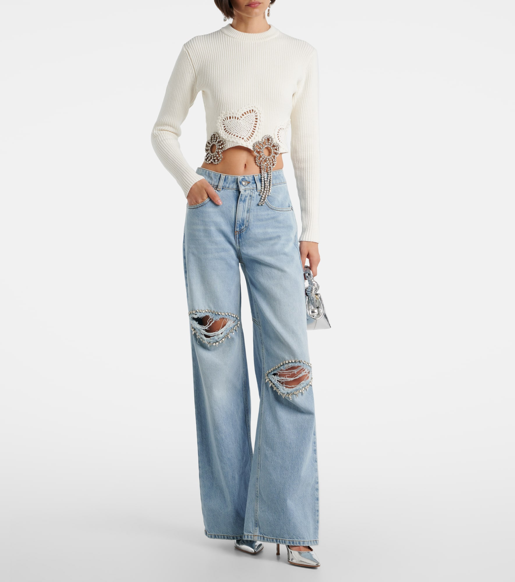 Distressed embellished wide-leg jeans - 2