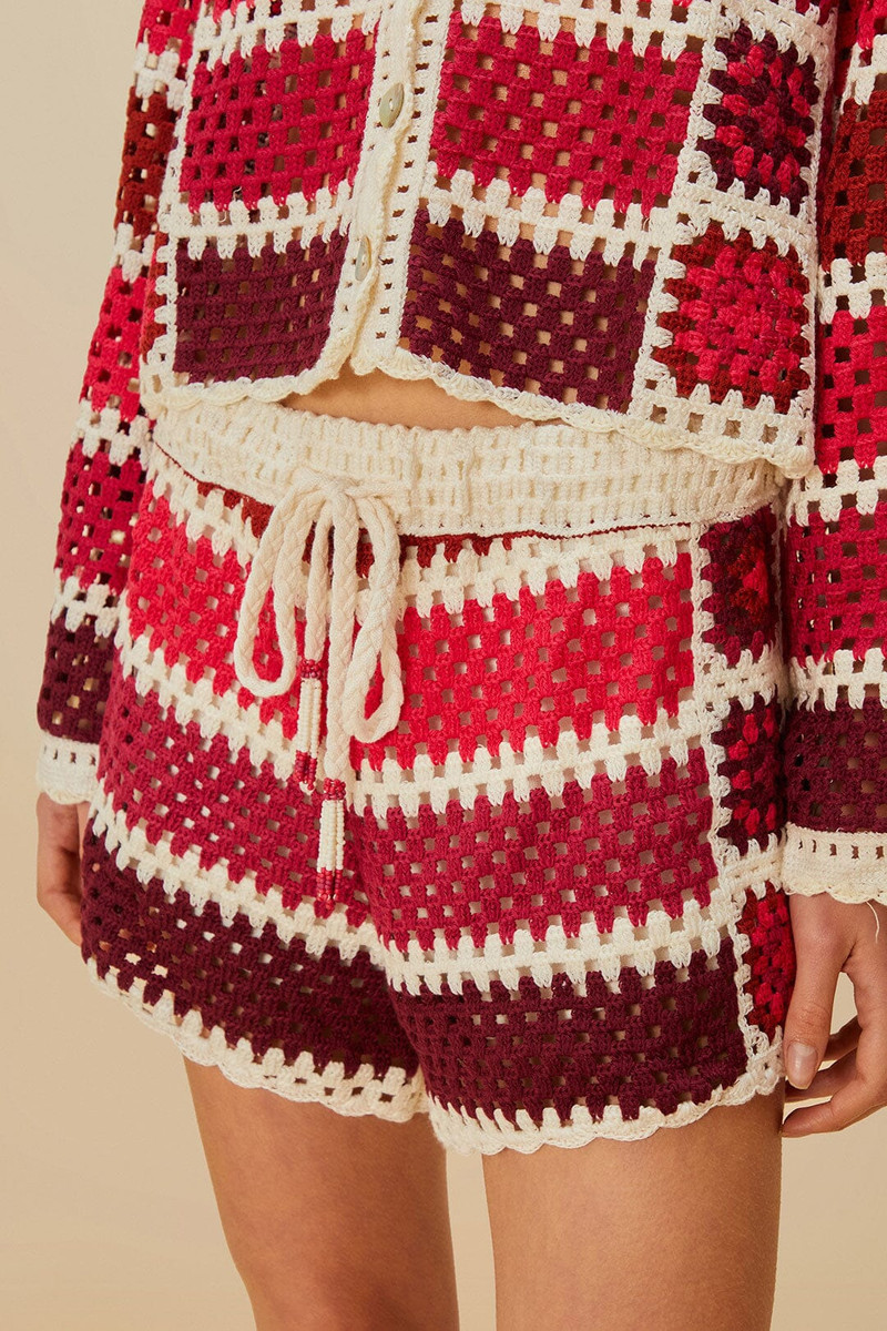 FARM RIO Red Colorful Crochet Tiles Shorts outlook
