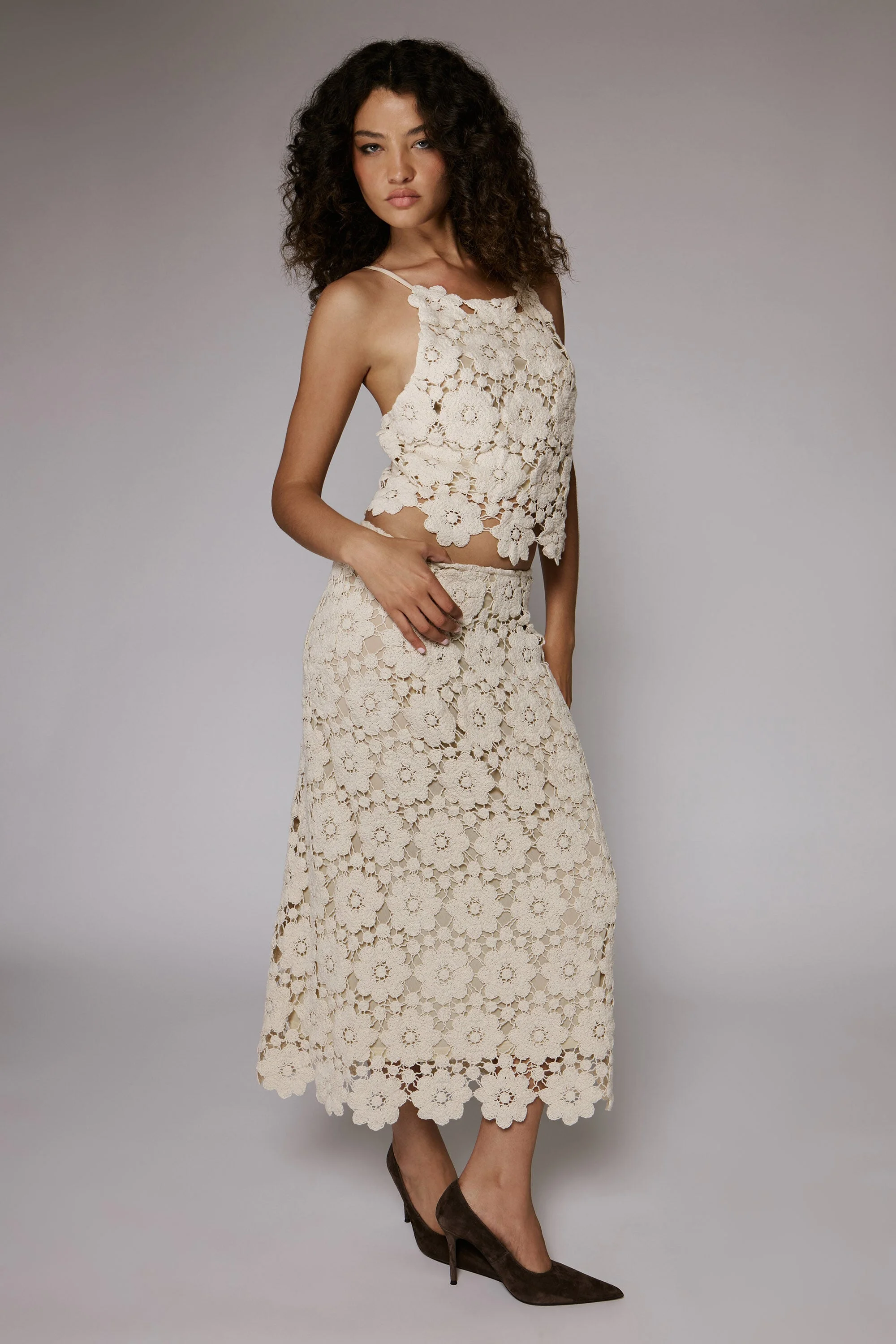 Veneta Crochet Midi Skirt In Light Beige - 1