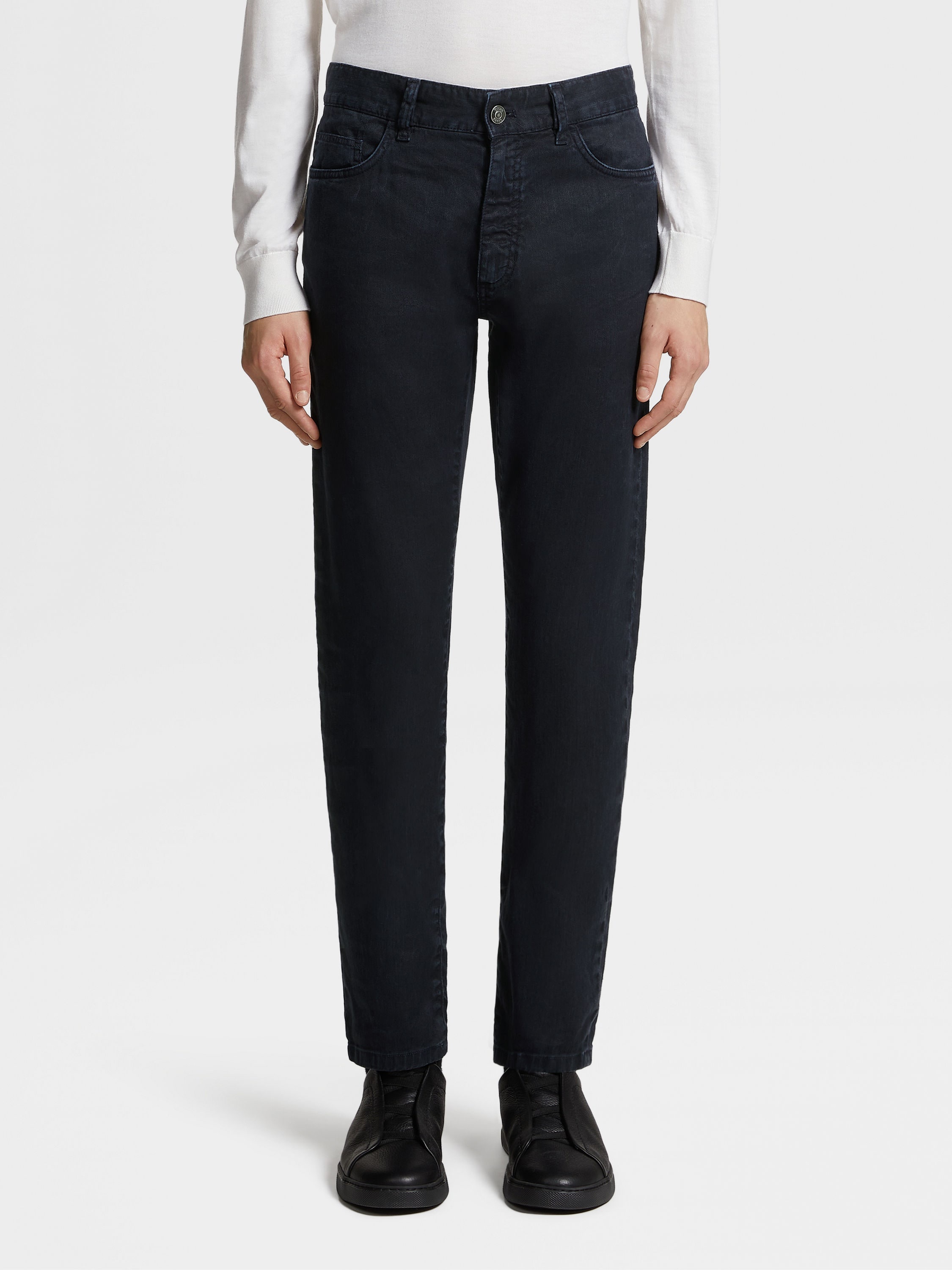 NAVY BLUE STRETCH LINEN AND COTTON JEANS - 2
