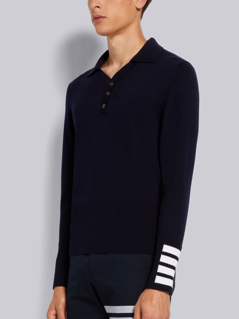 Thom Browne Navy Fine Merino Wool 4-Bar Cuff Long Sleeve Polo outlook