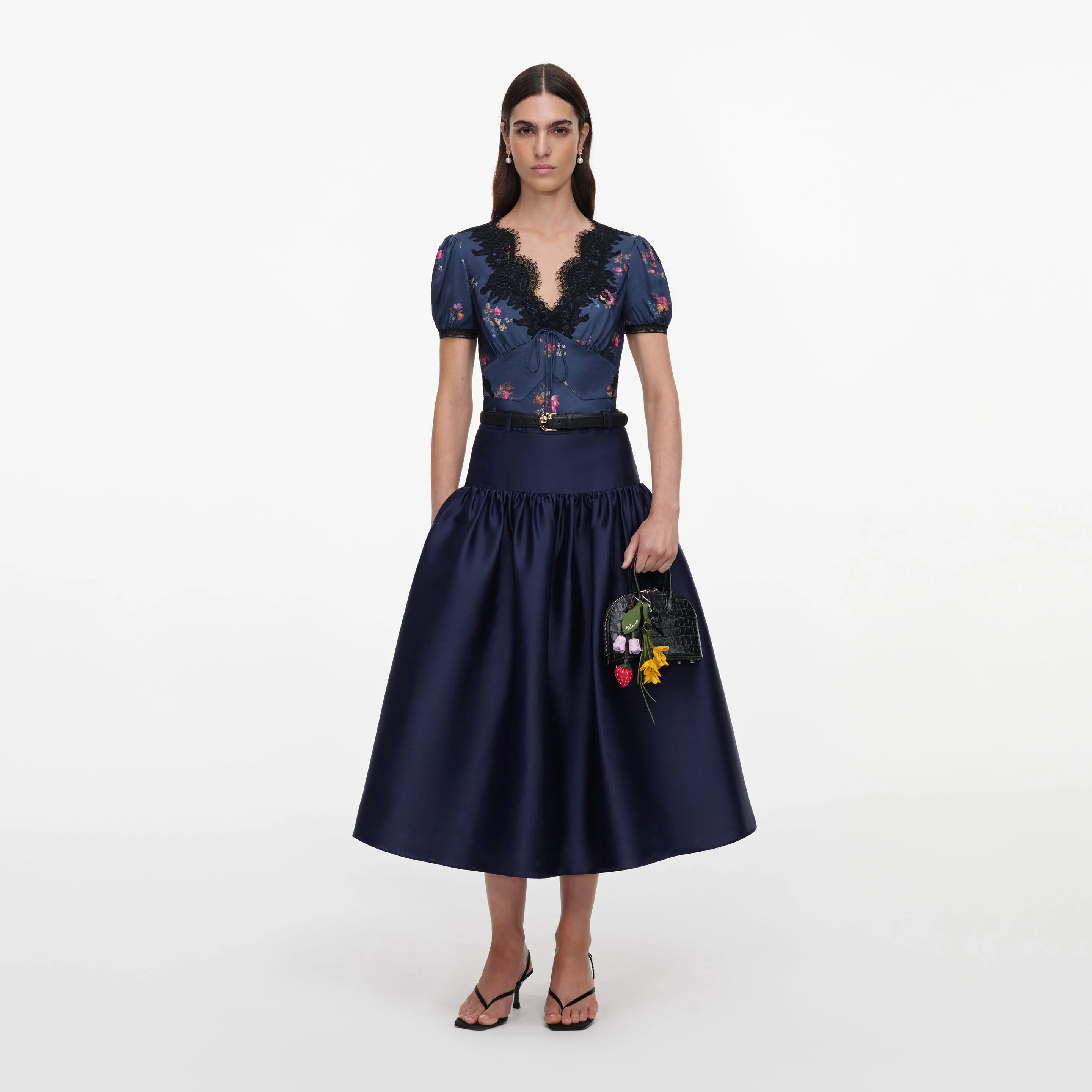 Navy Taffeta Midi Skirt - 1