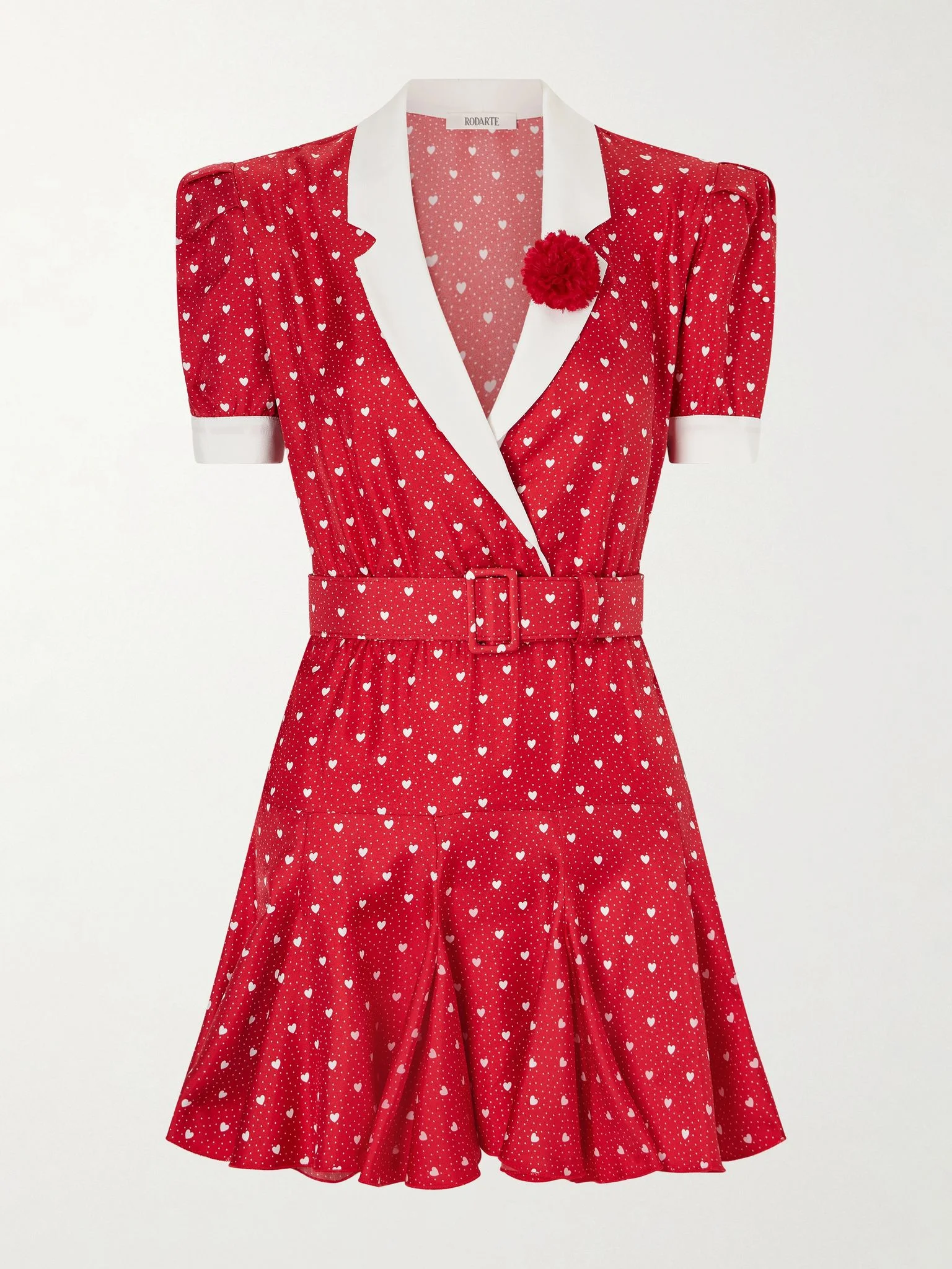 Belted printed silk-twill mini dress Red - 1