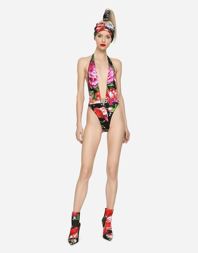 Belted floral-print swimsuit with plunging neckline 2