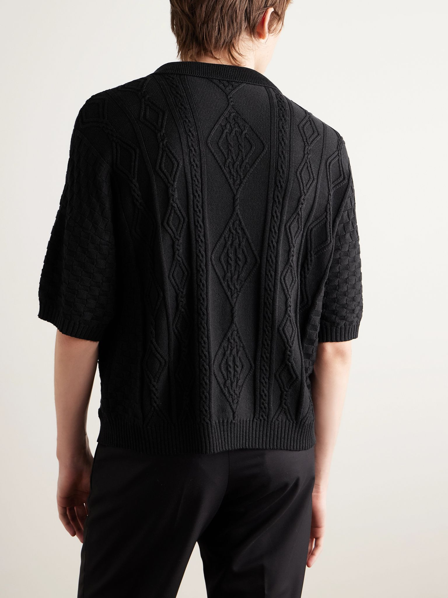 Anthony Cable-Knit Silk and Cotton-Blend Polo Shirt Black - 3
