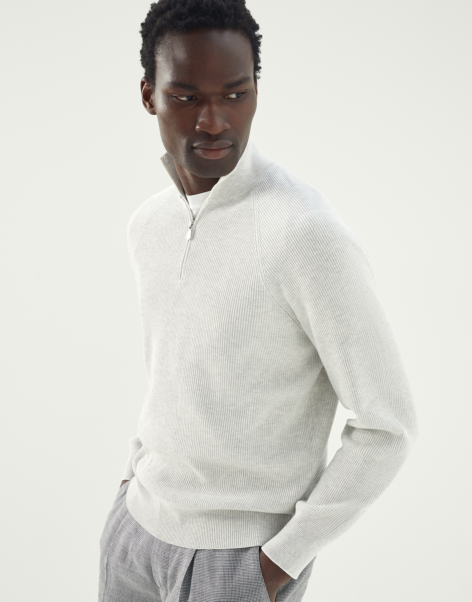 Cotton English rib knit sweater with half zip and raglan sleeves - 1