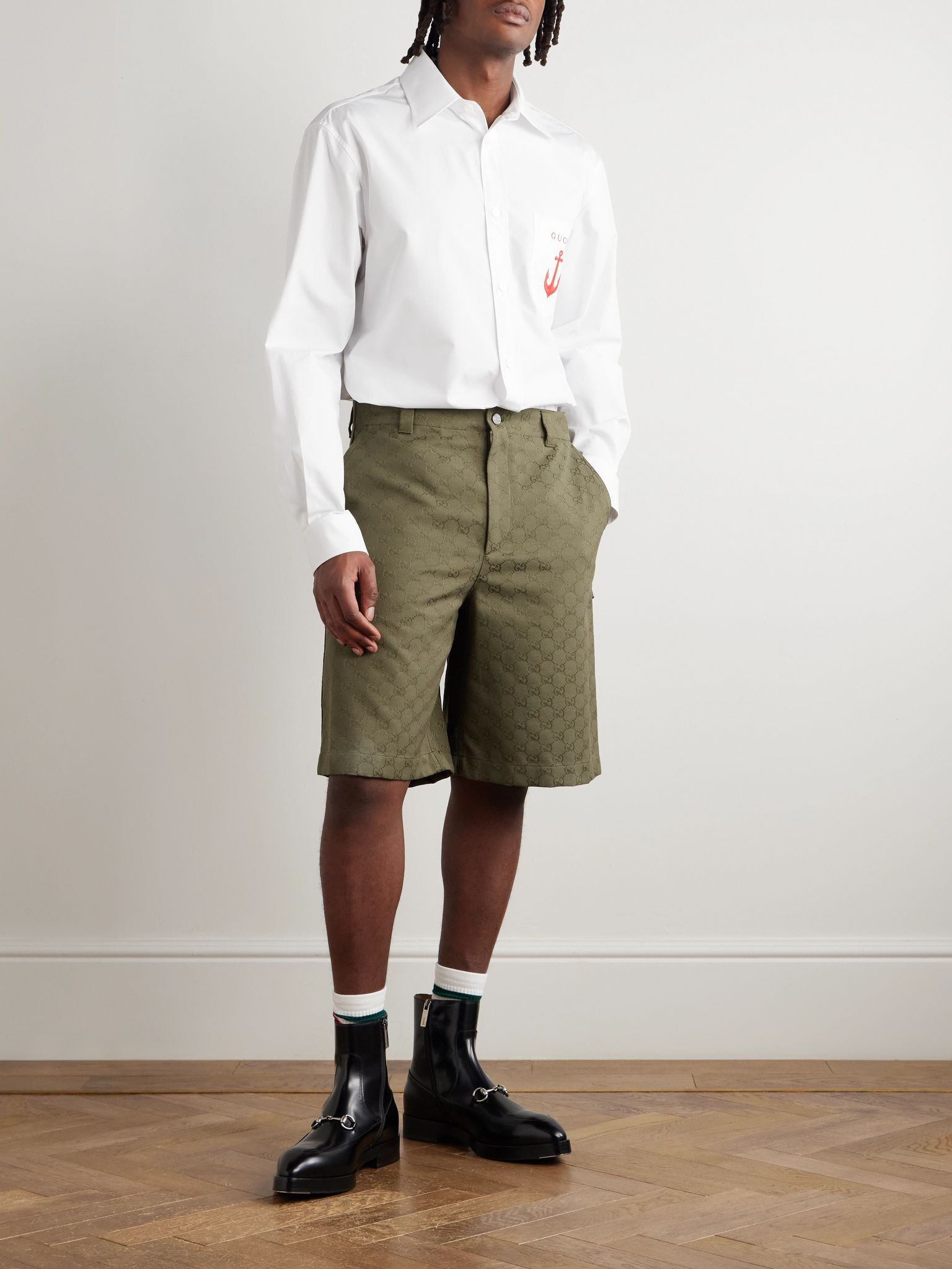Straight-Leg Monogrammed Cotton-Blend Canvas Shorts Army green - 2