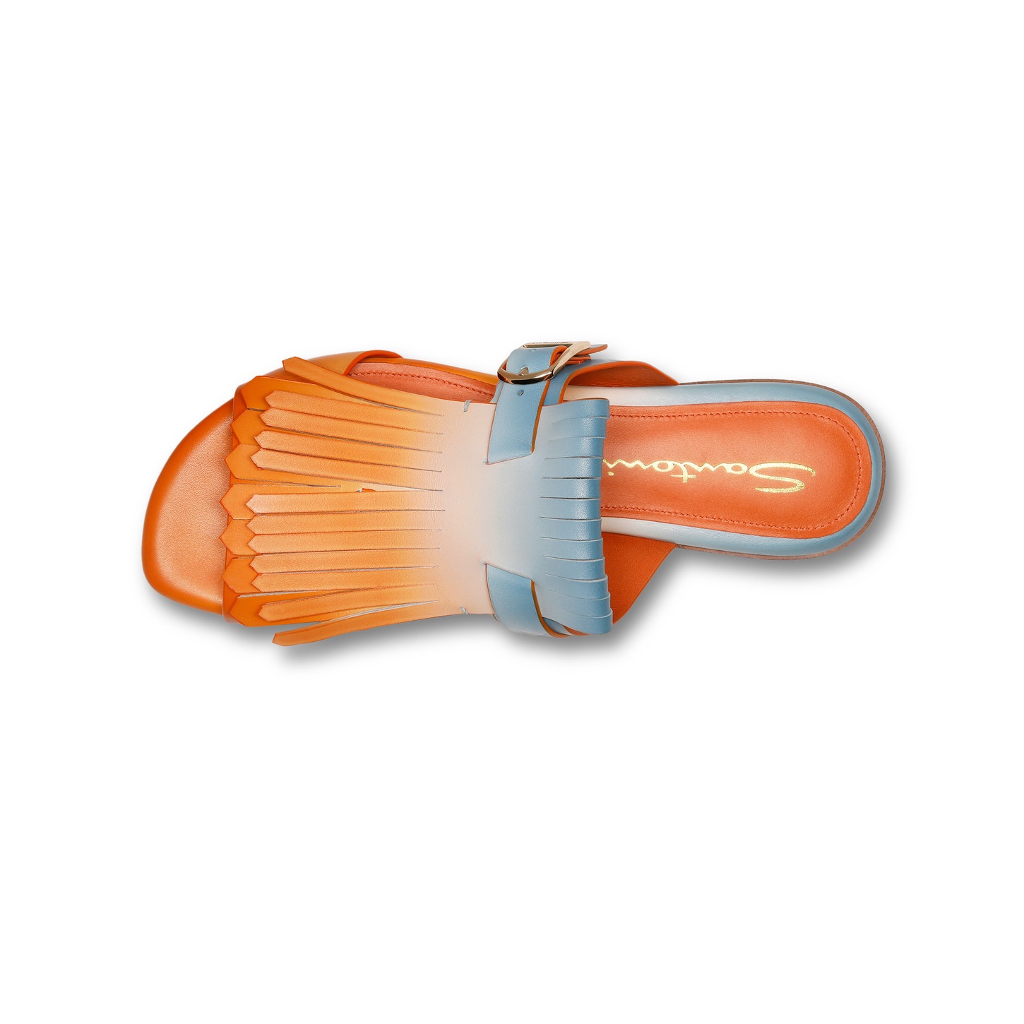 Women's orange and light blue leather Dua slide sandal with fringe - 5