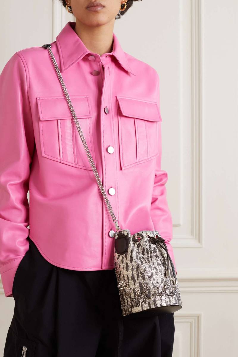 Christian Louboutin Marie Jane leather-trimmed crystal-embellished metallic tweed bucket bag outlook