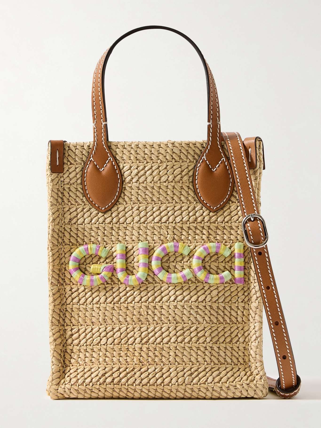 Mini leather-trimmed appliquéd raffia tote - 1