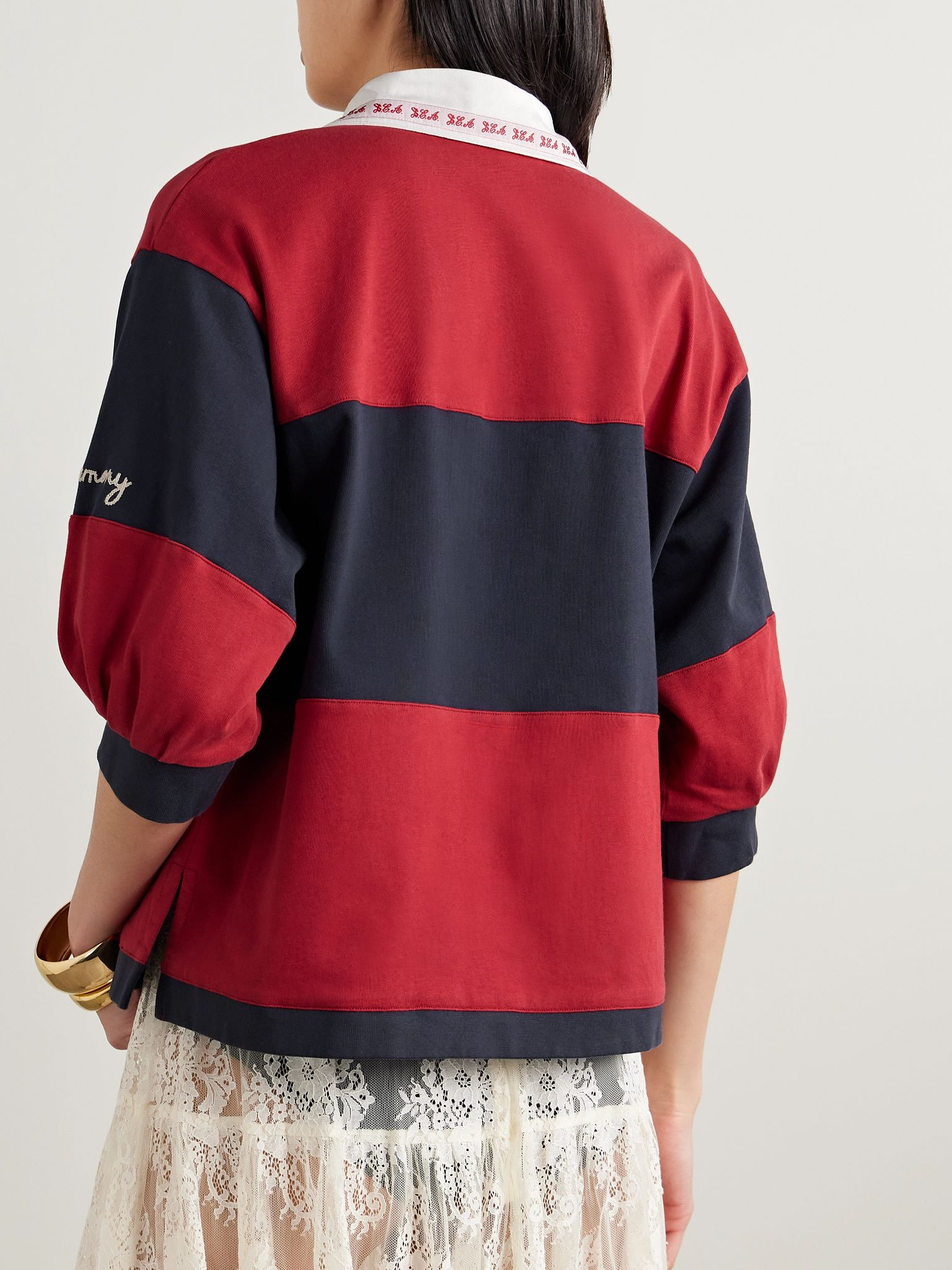 Carolyn appliquéd embroidered striped cotton-jersey polo shirt Red - 4