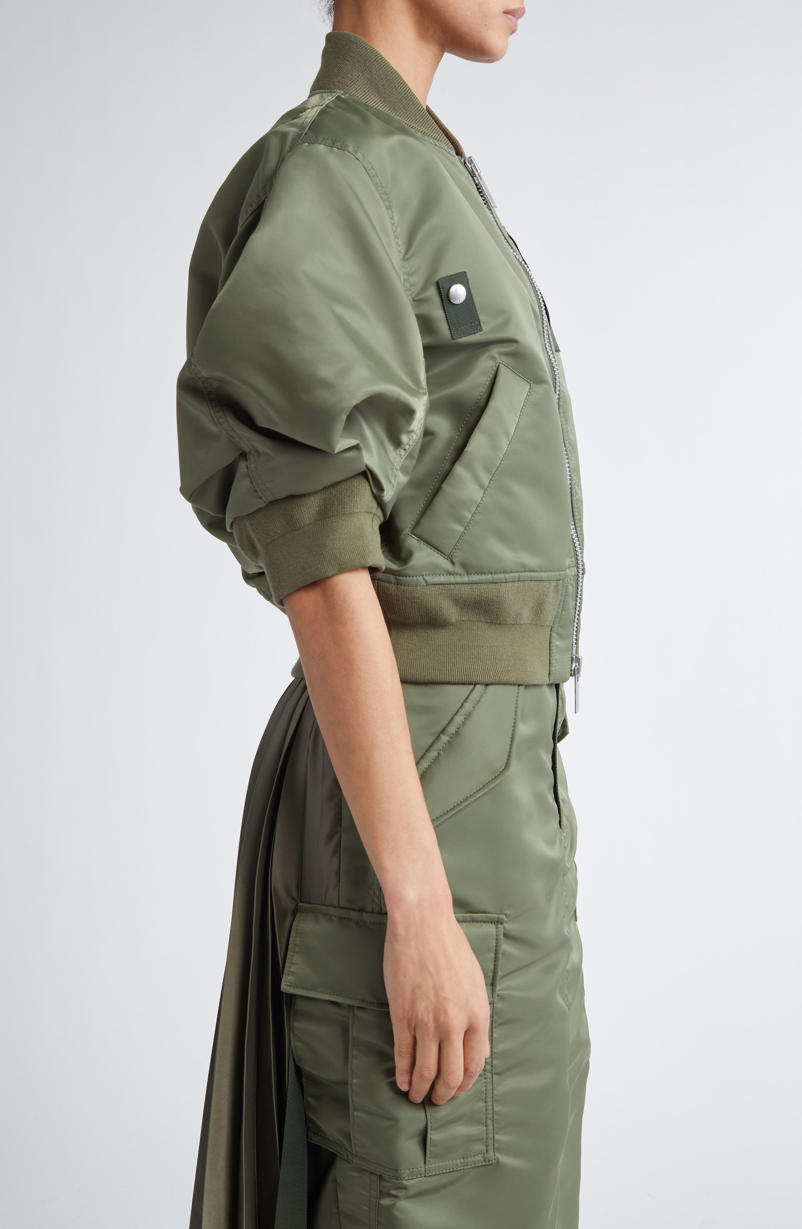Sacai Short Sleeve Nylon Twill Bomber Jacket in Khaki 501 at Nordstrom - 4